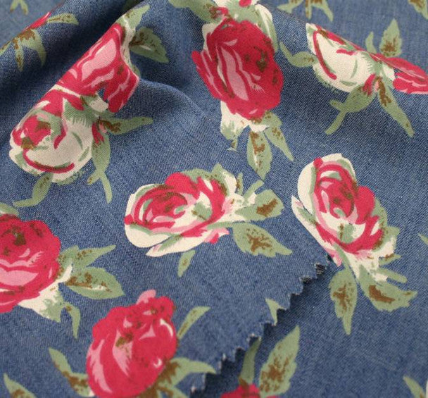 1 Yard Denim Printed Fabric Blue Pink, 58/60" Wide Cotton Polyester for Apparel & Decor