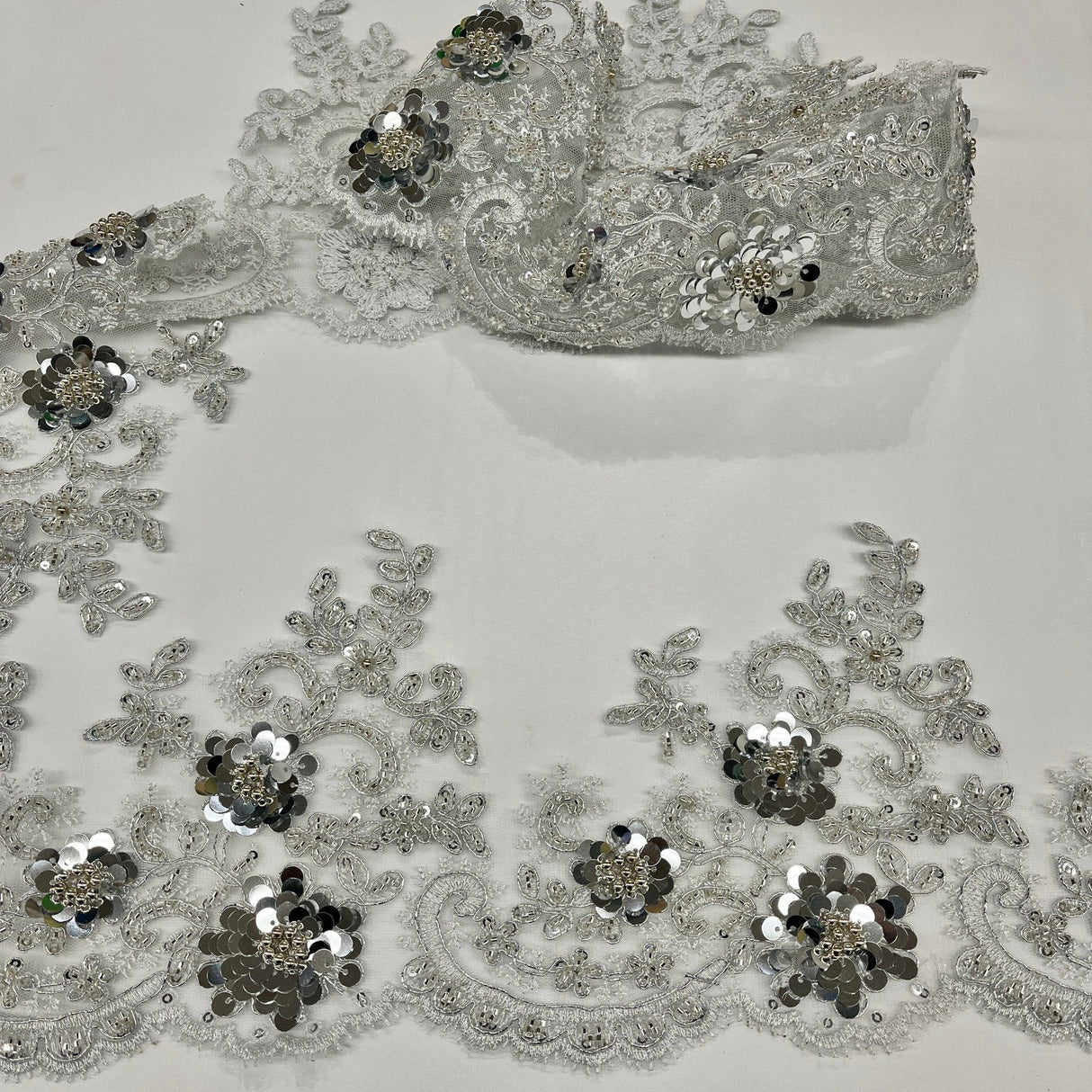 1 Yard 6.5" Wide Beaded & Corded Floral Lace Trimming 100% Polyester Net Mesh