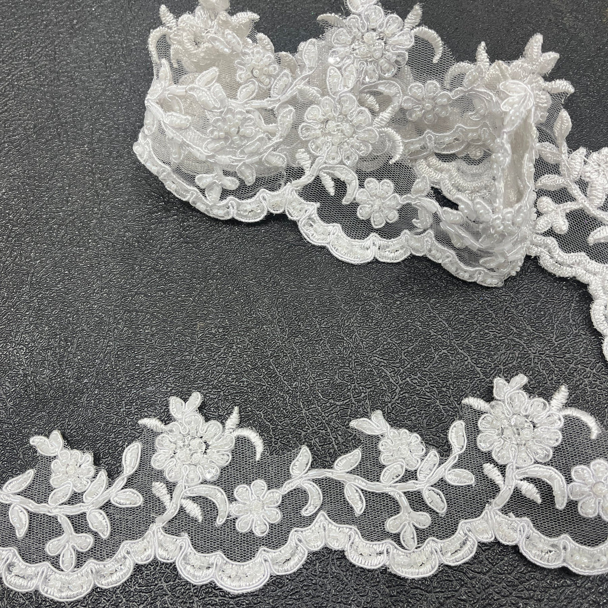 1 Yard Beaded & Corded Embroidered Lace Trim 2.75" Wide 100% Polyester for Bridal & Evening Dresses