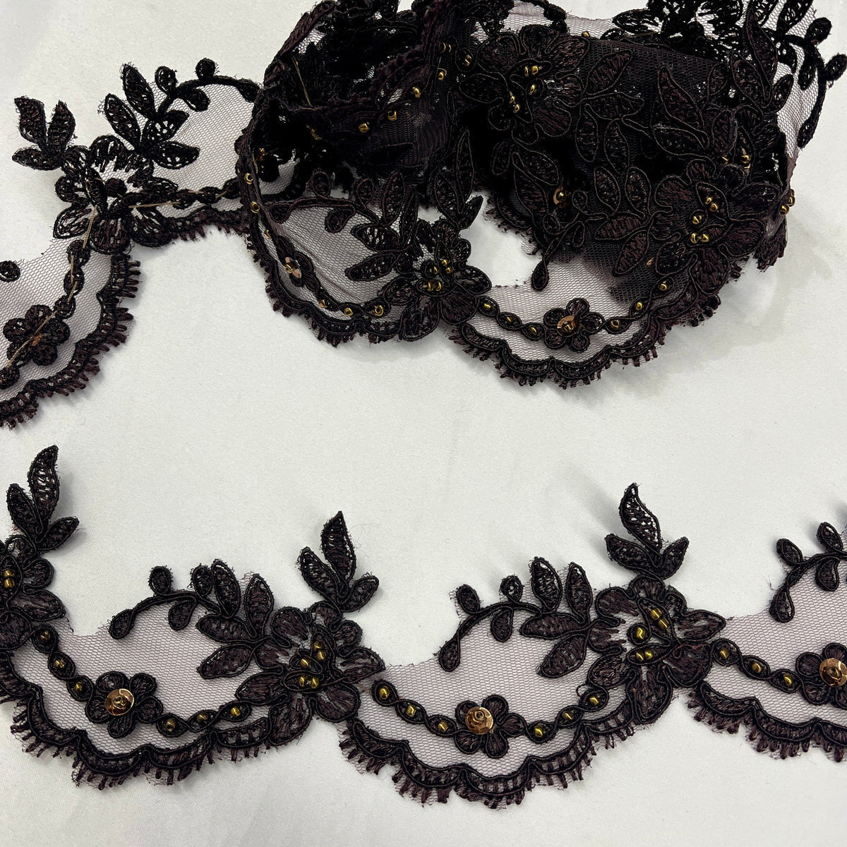 1 Yard Elegant Beaded & Corded Embroidered Lace Trim 100% Polyester Net Mesh, Style 96665W-BP