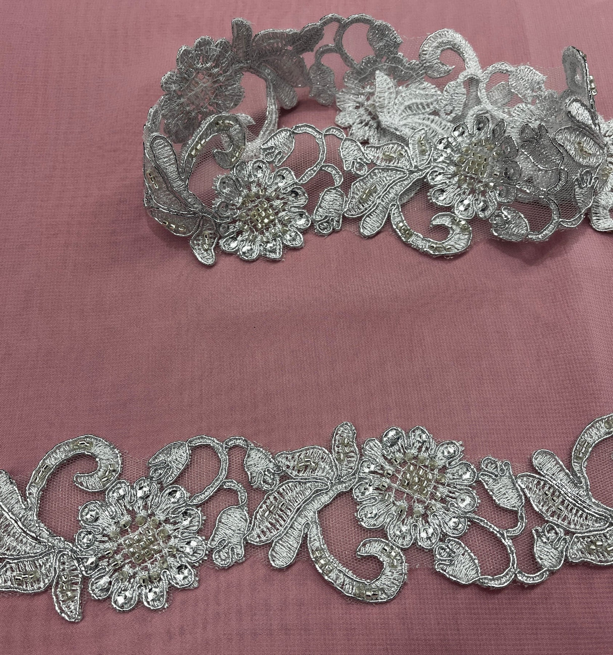 1 Yard Handmade Beaded & Corded Lace Trimming Embroidered on Polyester Organza 2 Inch Width