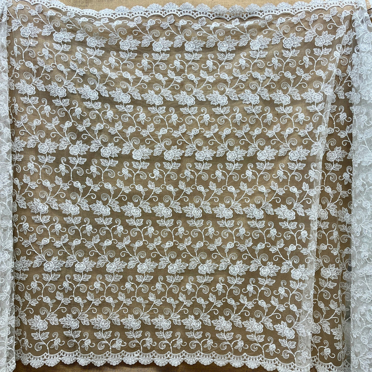 1 Yard Exquisite Ivory Silver Beaded Corded Bridal Lace Fabric on Net Mesh 52 inch Width