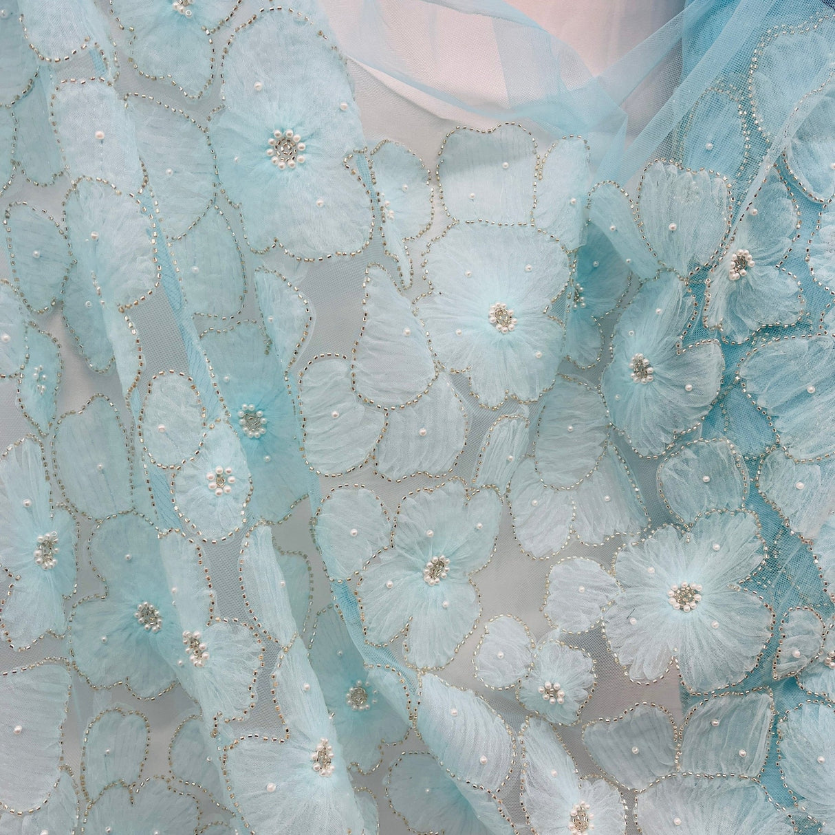 1 Yard Exquisite Champagne Beaded 3D Floral Lace Fabric on Net Mesh 52 inch Width