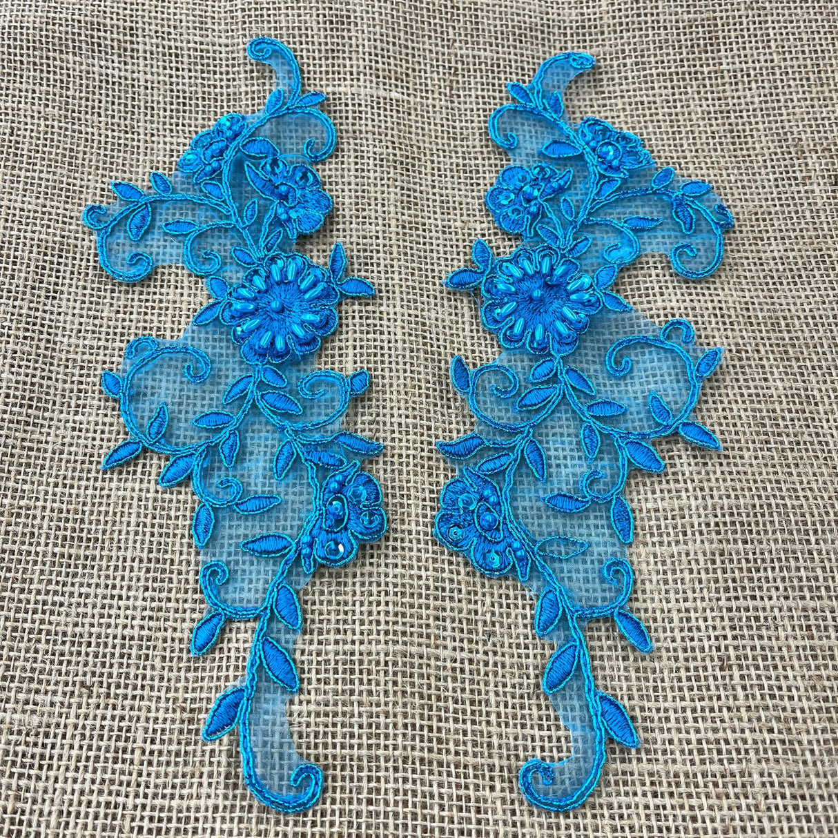 1 Pair Beaded & Corded Floral Lace Applique Embroidered on 100% Polyester 9.5" x 2" Each Side