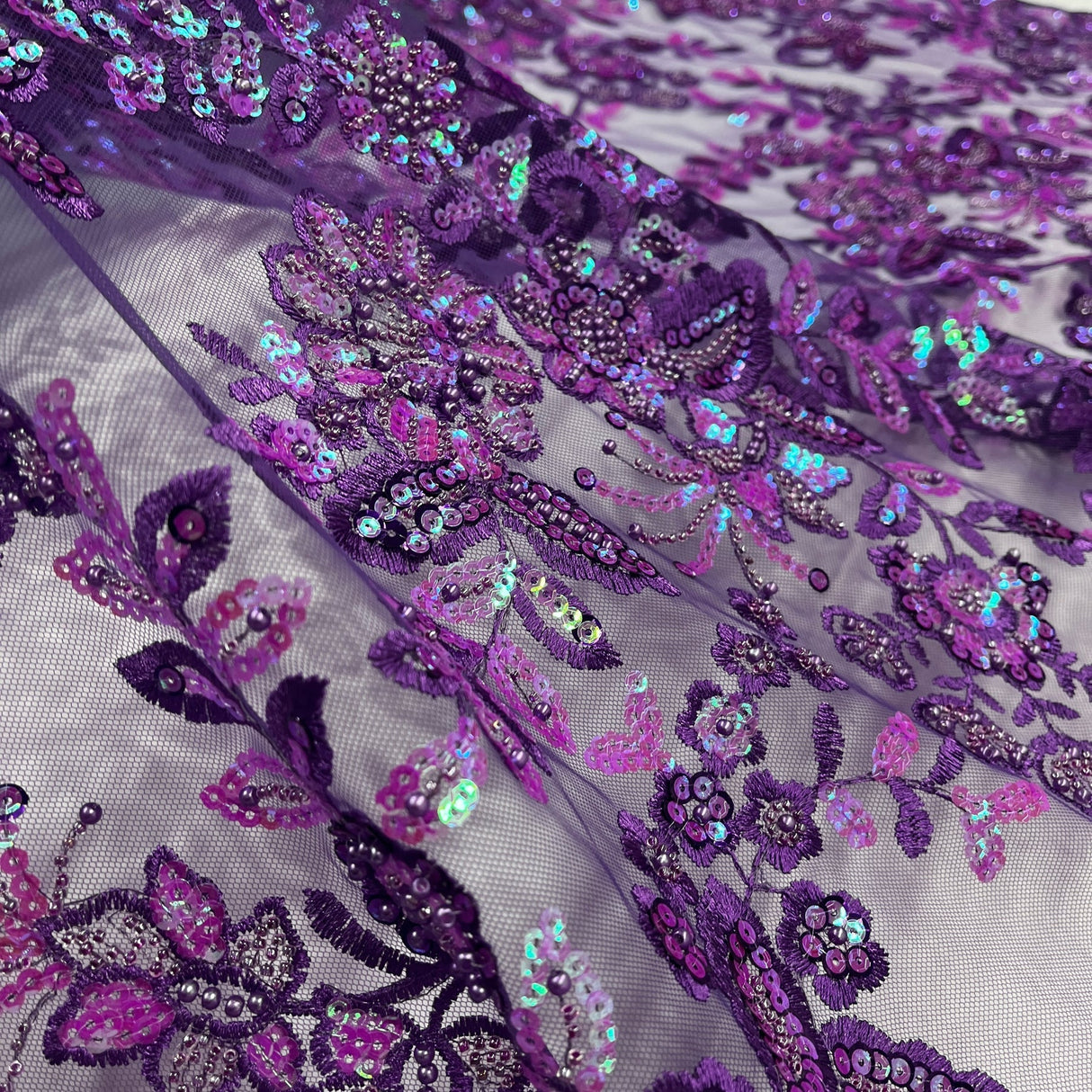 1 Yard Purple Beaded Sequined Sparkling Lace Fabric Embroidered on Polyester Net Mesh 51 inch Width