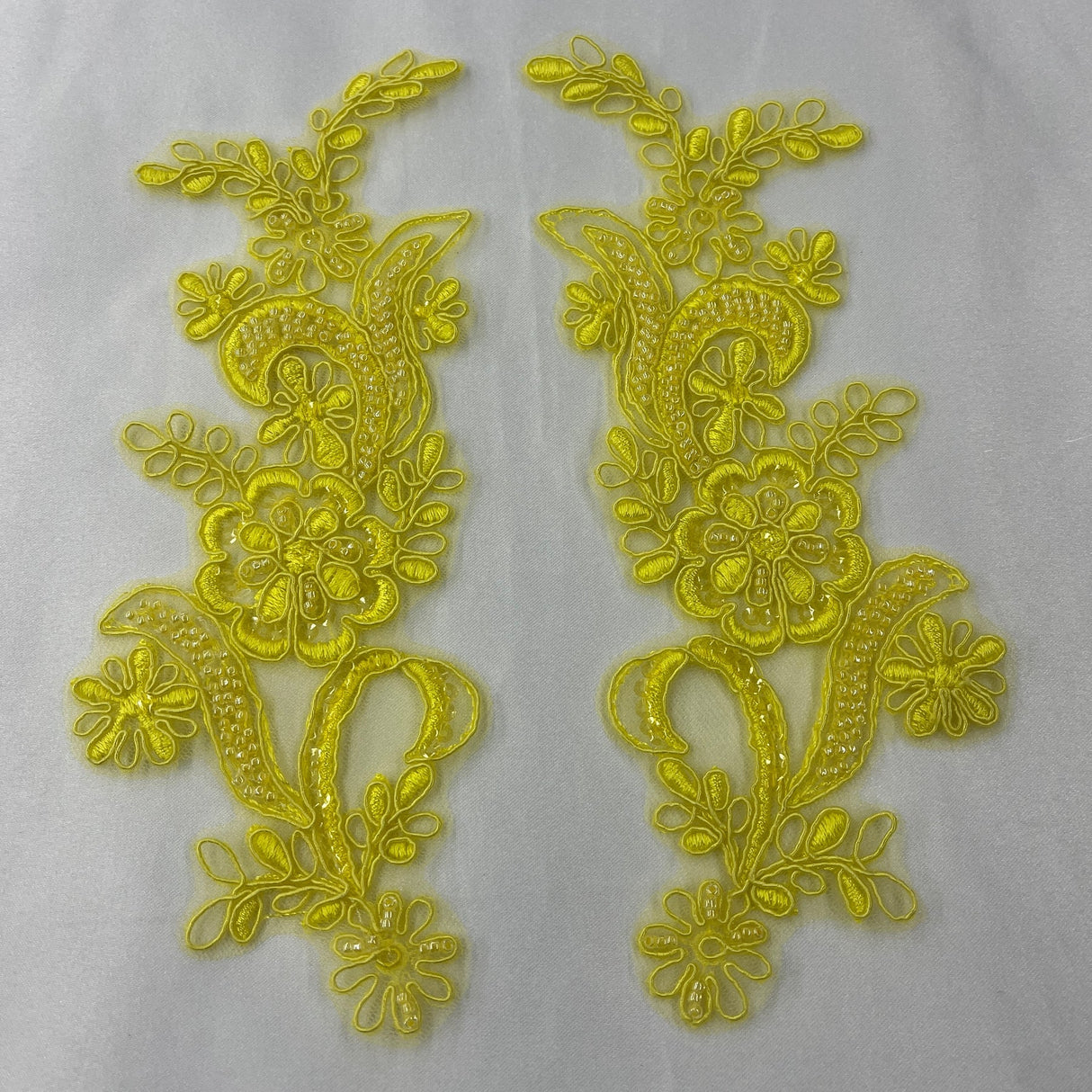 1 Pair Beaded & Corded Floral Lace Applique 9" x 2.5" Each Side