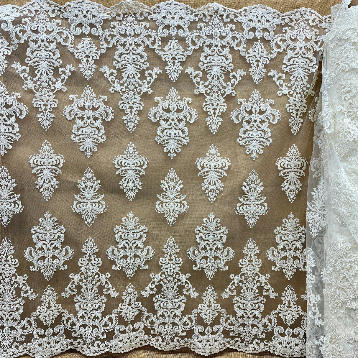1 Yard Beaded & Corded Embroidered Bridal Lace Fabric, 52” Wide Polyester Mesh Net,