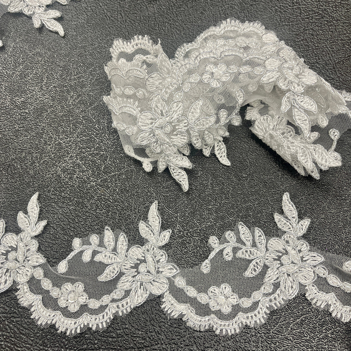 1 Yard Elegant Beaded & Corded Embroidered Lace Trim 100% Polyester Net Mesh, Style 96665W-BP
