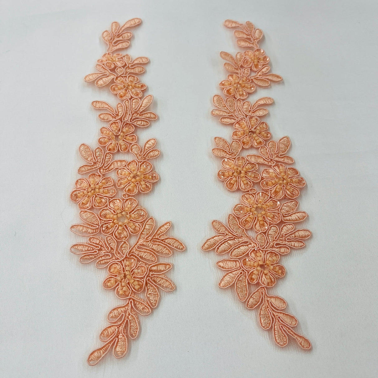 1 Pair 9.5" x 2" Each Side Beaded & Corded Floral Lace Applique Embroidered on 100% Polyester Net Mesh