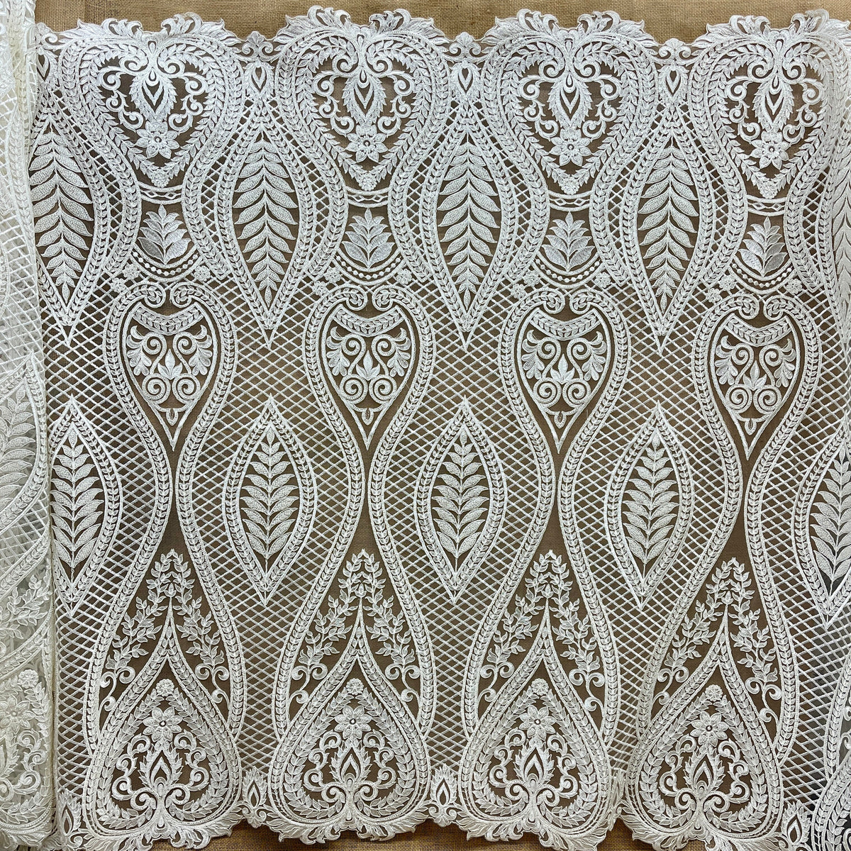 1 Yard 52" Wide Beaded & Corded Bridal Lace Fabric Embroidered on 100% Polyester Net Mesh