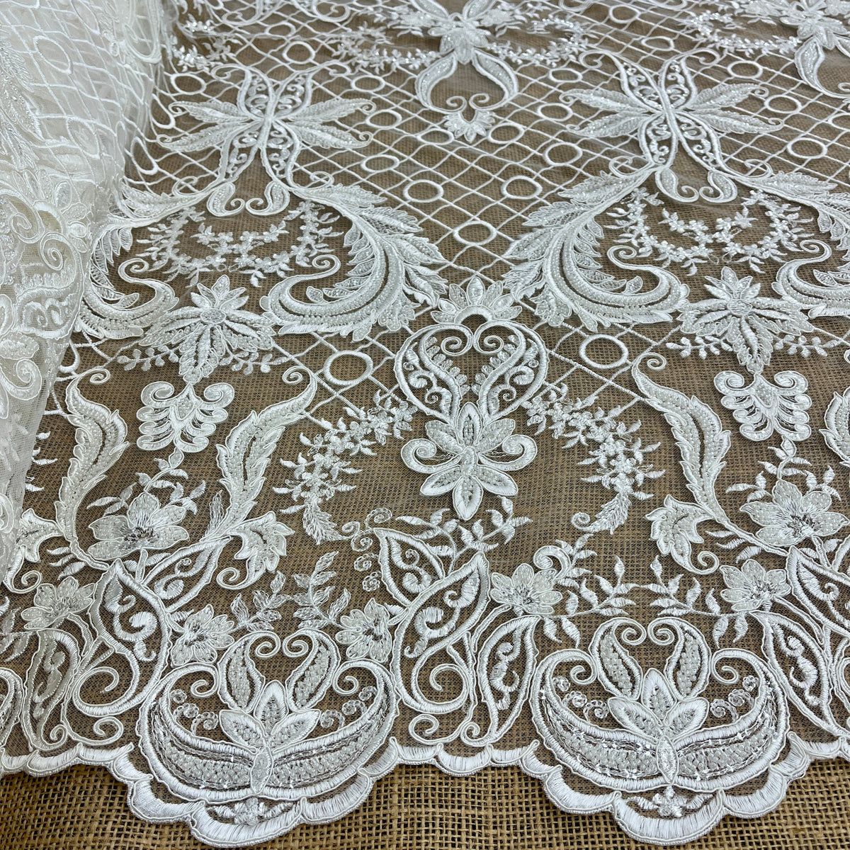 1 Yard 53" Wide Beaded & Corded Bridal Lace Fabric Embroidered on 100% Polyester Net Mesh