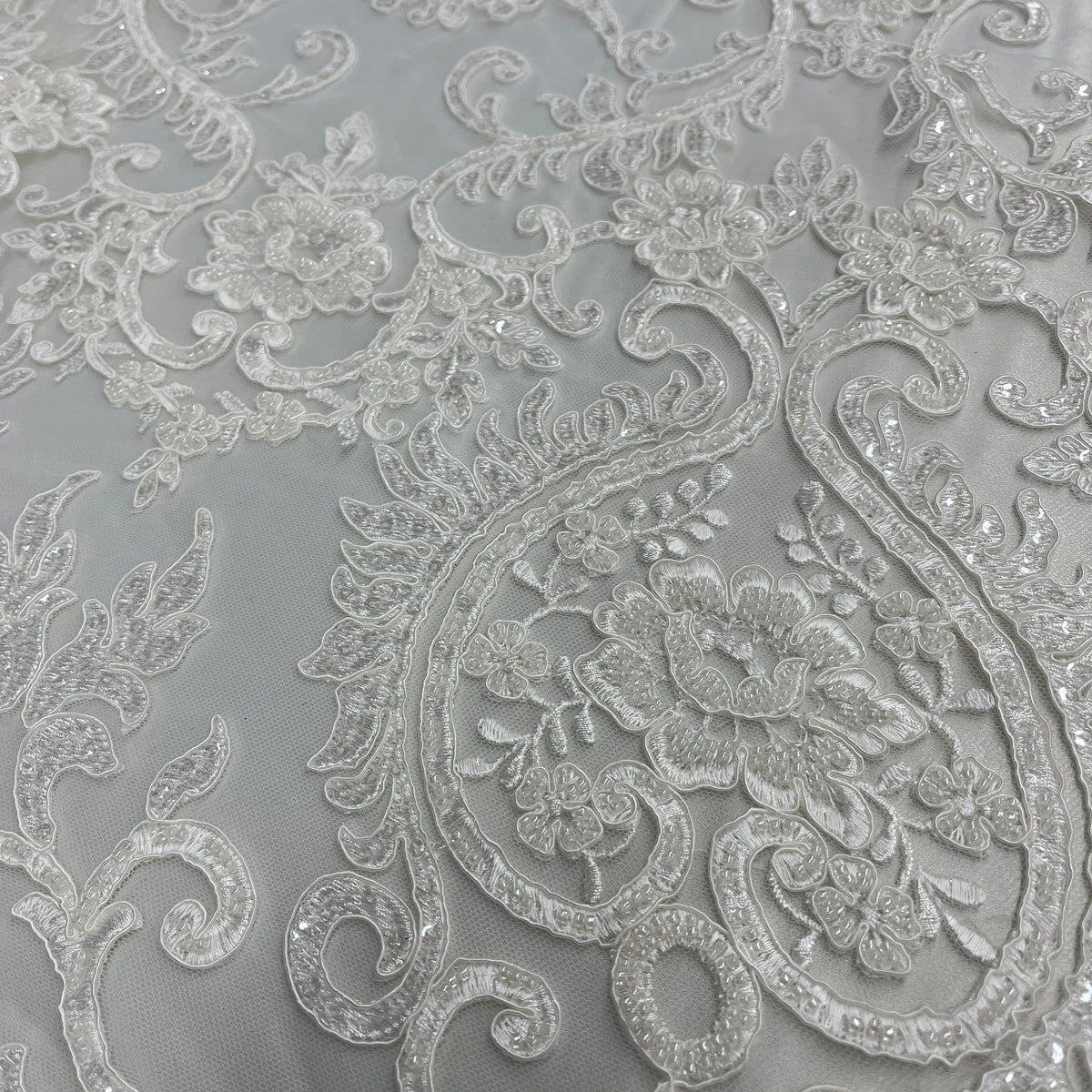 1 Yard Elegant Beaded & Corded Bridal Lace Fabric on Soft Polyester Mesh, GD-55719