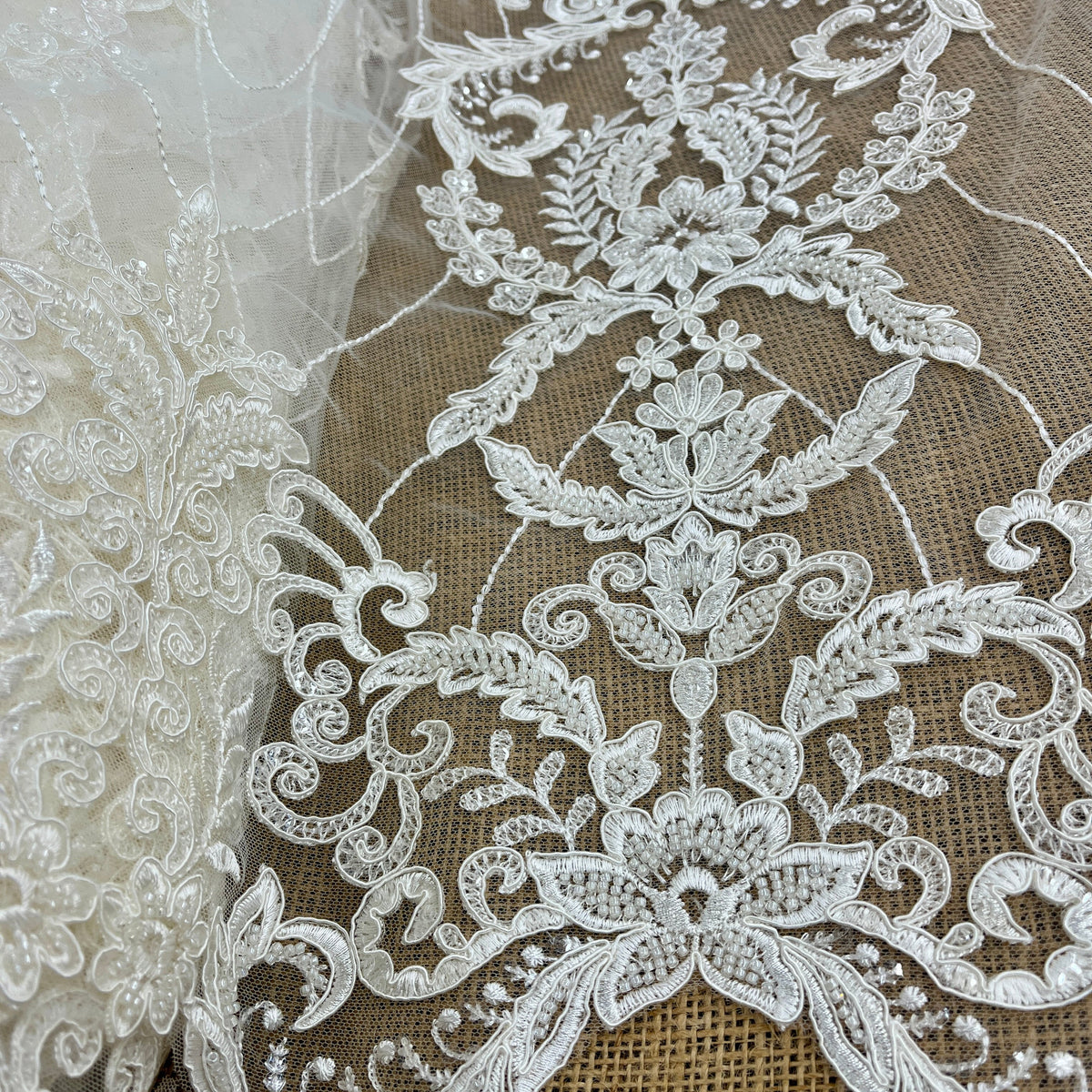 1 Yard Elegant Beaded & Corded Embroidered Bridal Lace on Polyester Mesh, GD-55519