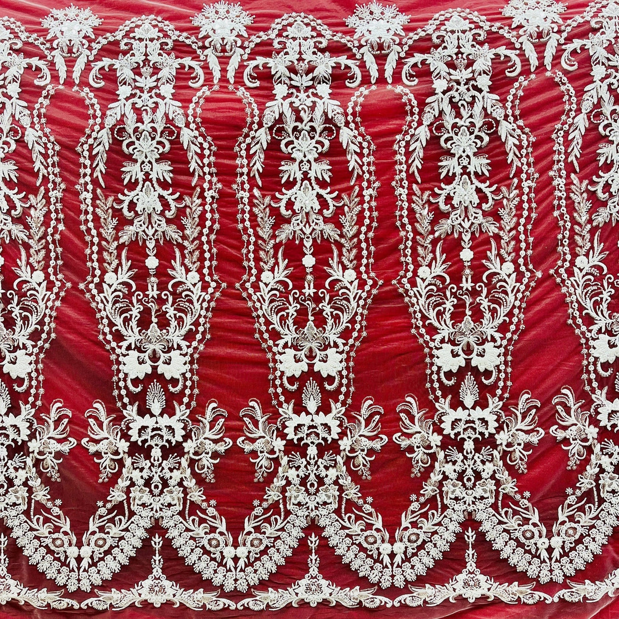 1 Yard Elegant Beaded Lace Fabric Embroidered on Polyester Net Mesh Luxury Couture & Bridal Design 50" Wide