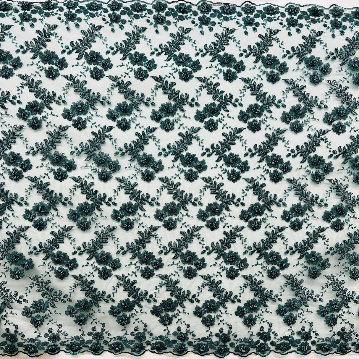 1 Yard Jade Beaded Lace Fabric with Pearls Embroidered on Polyester Net Mesh 52" Width