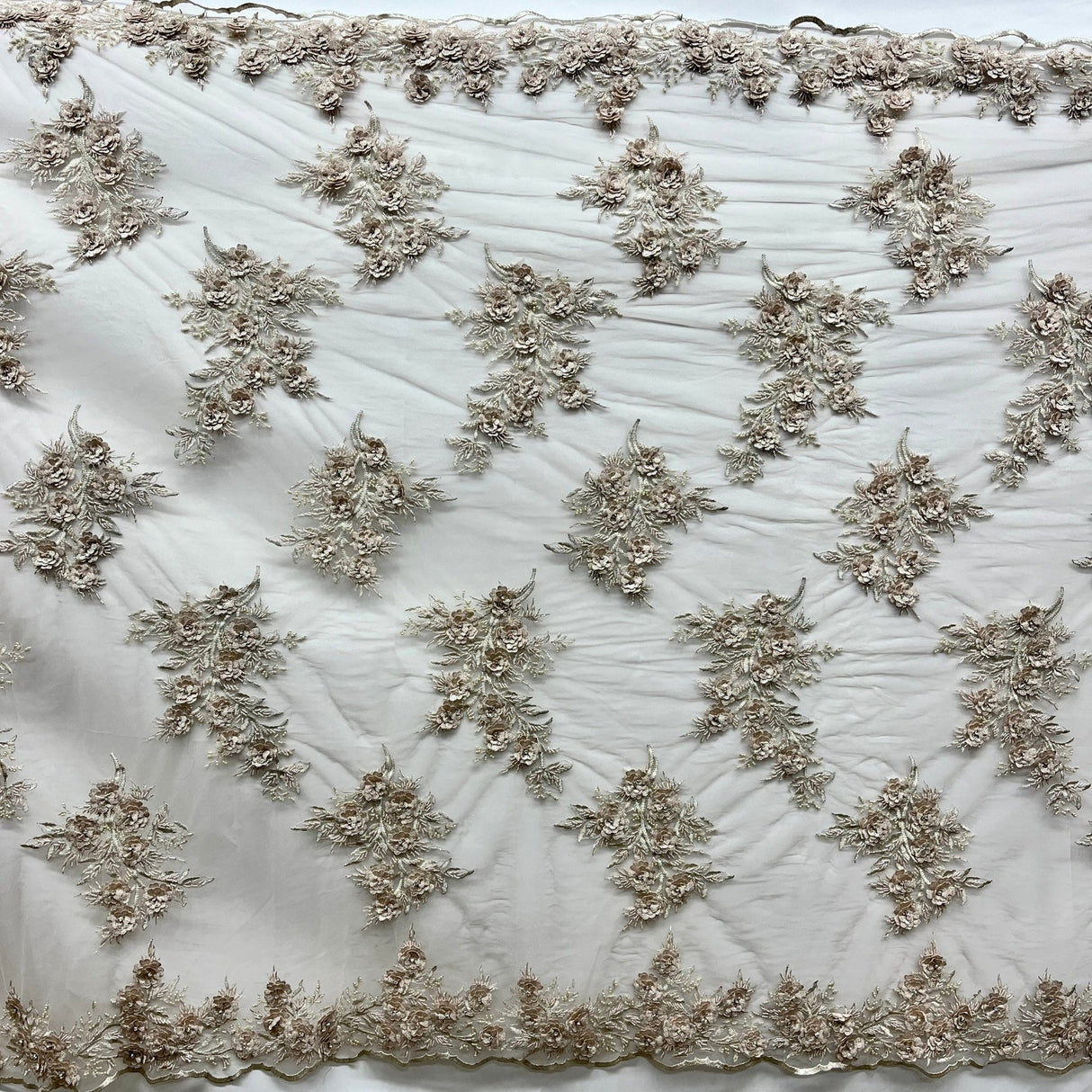 1 Yard Beaded 3D Floral Lace Fabric, 54" Wide Embroidered Polyester Net Mesh with Pearls & Beads for Bridal, Quinceañera & Formal Wear