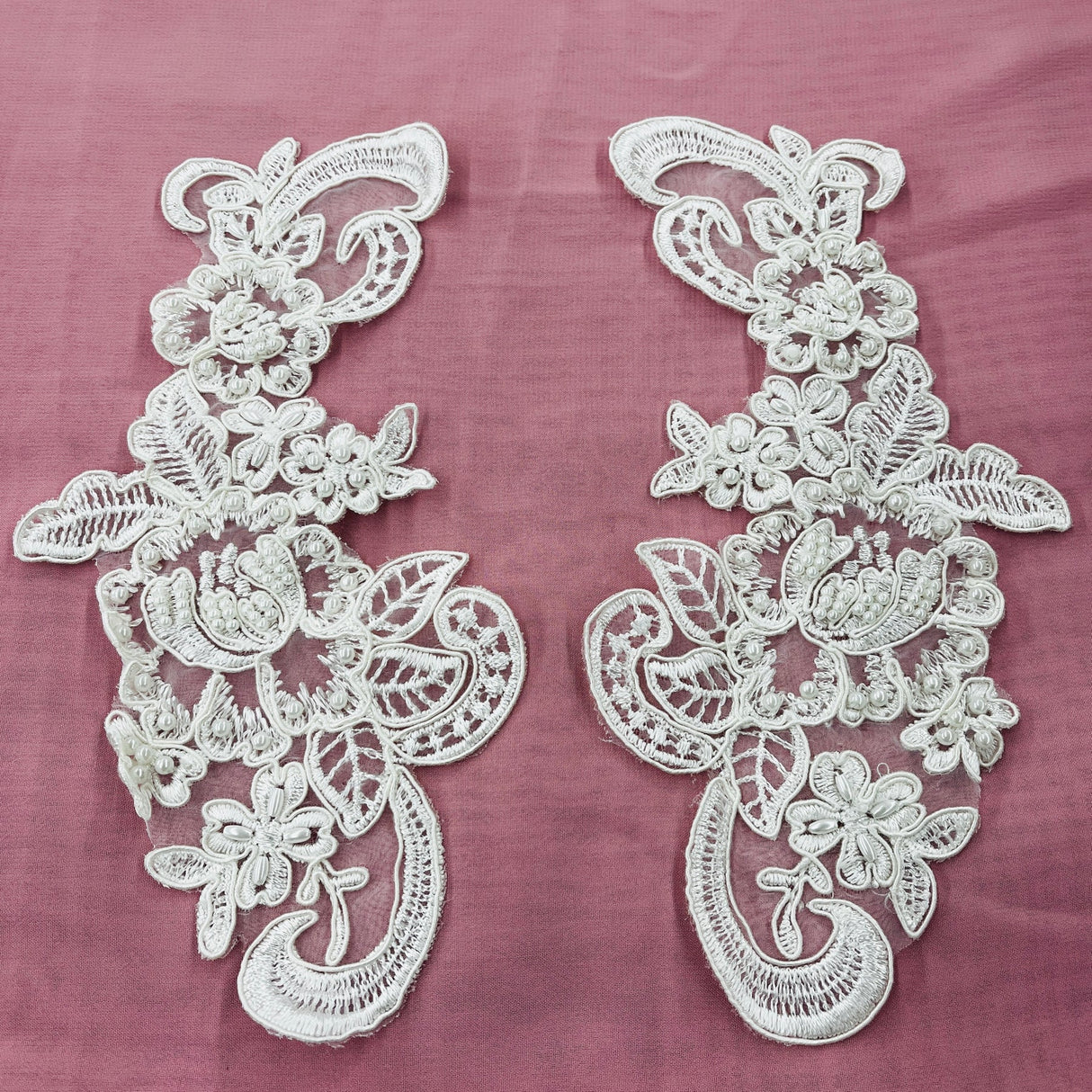 1 Pair 8.5" x 3.5" Each Side Beaded & Corded Floral Lace Applique 100% Polyester Organza