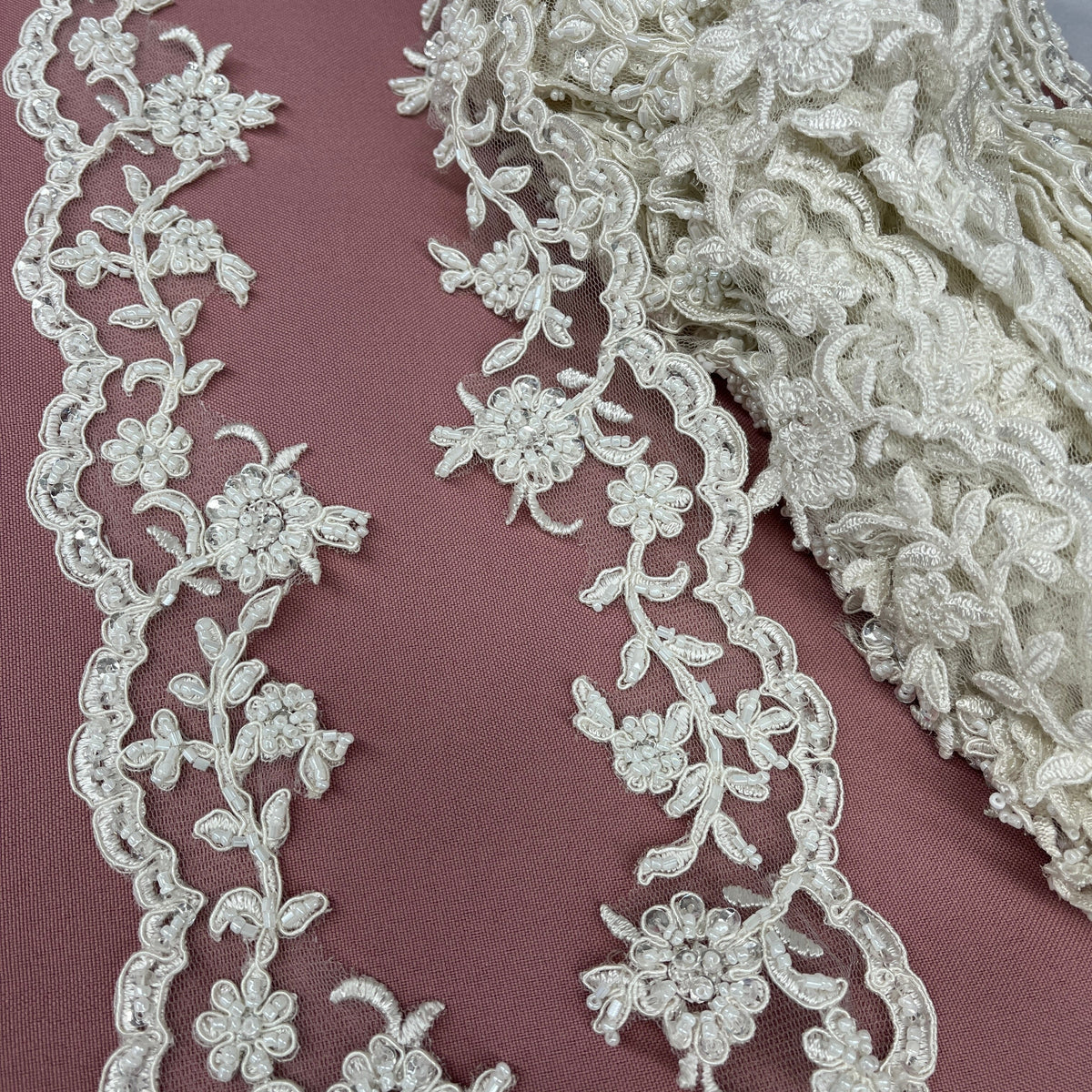 1 Yard 2.75 Inch Beaded and Corded Lace Trimming Embroidered on 100% Polyester Net Mesh