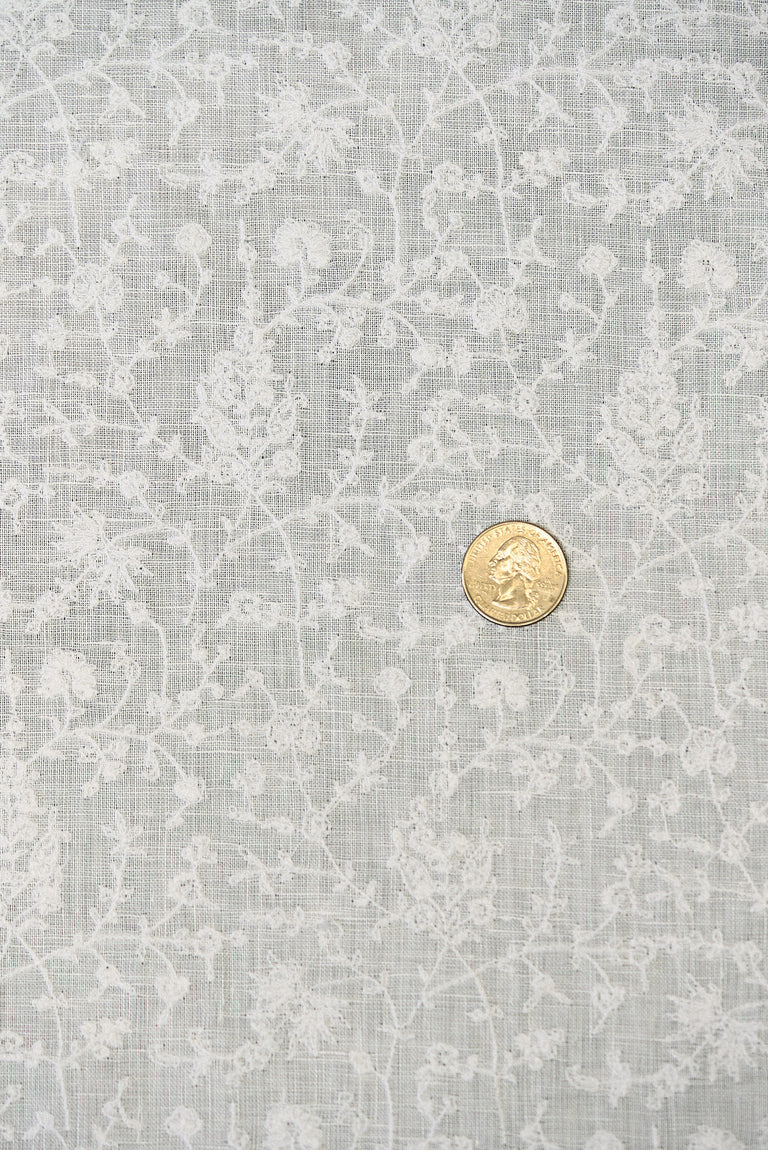 1 Yard White Dense Flower Embroidered Linen Elegant Craft Fabric 54" Width