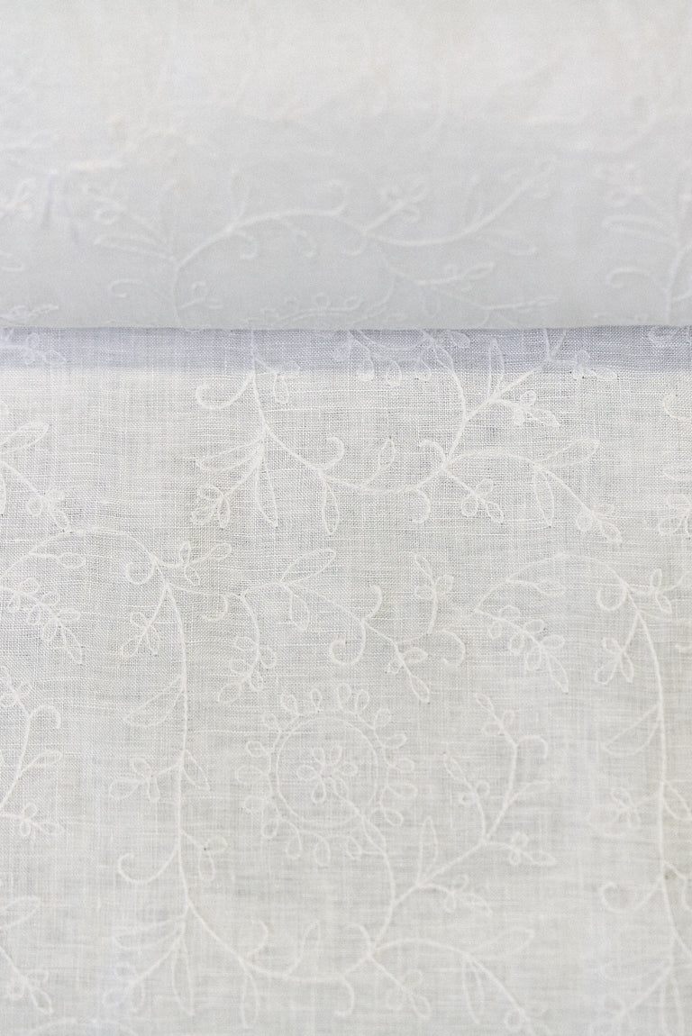 1 Yard White Pure Linen Tile Flower Embroidered Premium Decor Fabric 54" Width