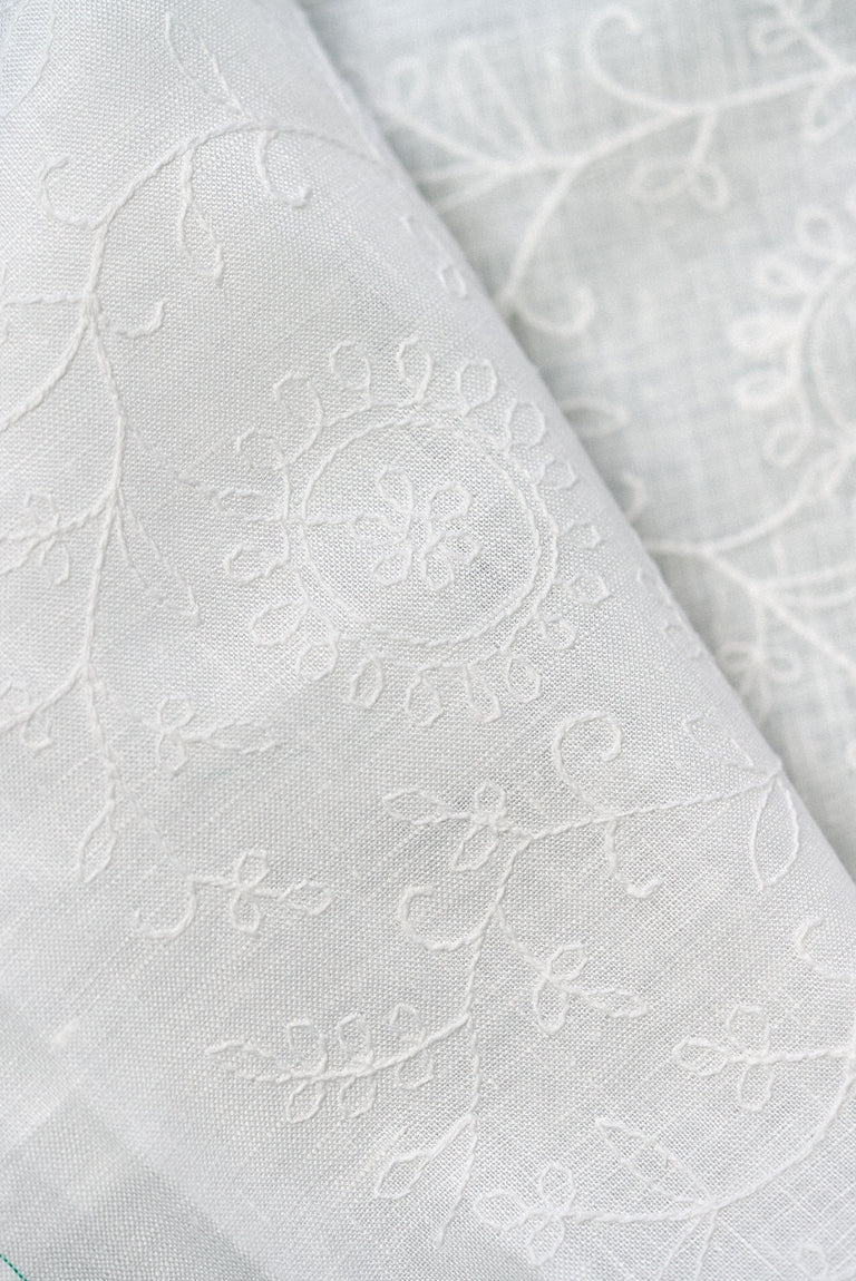 1 Yard White Pure Linen Tile Flower Embroidered Premium Decor Fabric 54" Width
