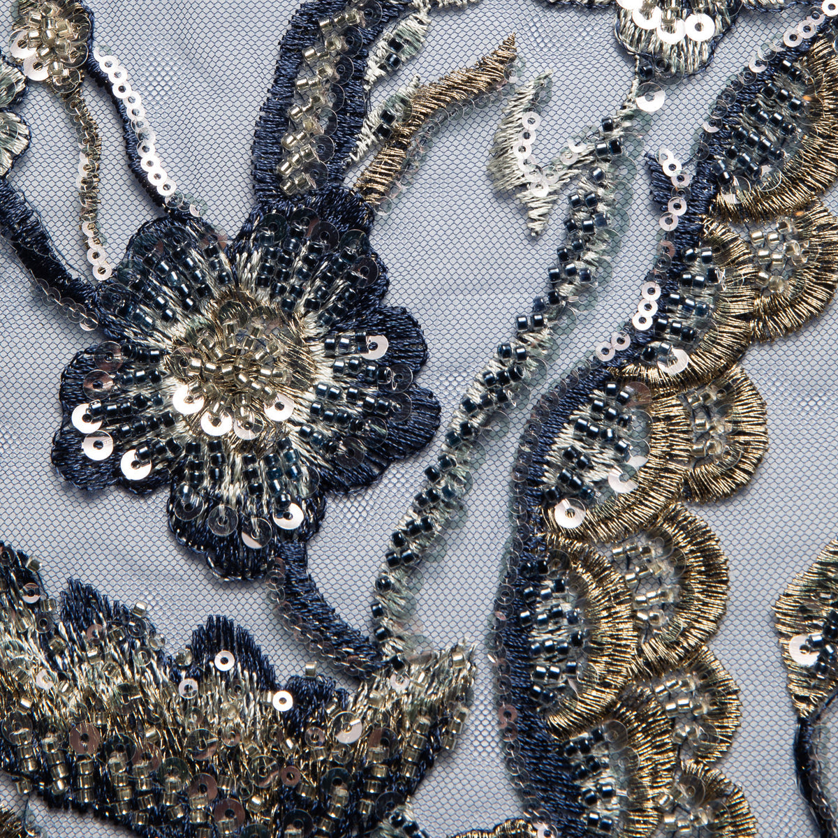 1 Yard Embroidered Beaded and Sequined Lace Fabric with Floral Pattern 50/52" Wide