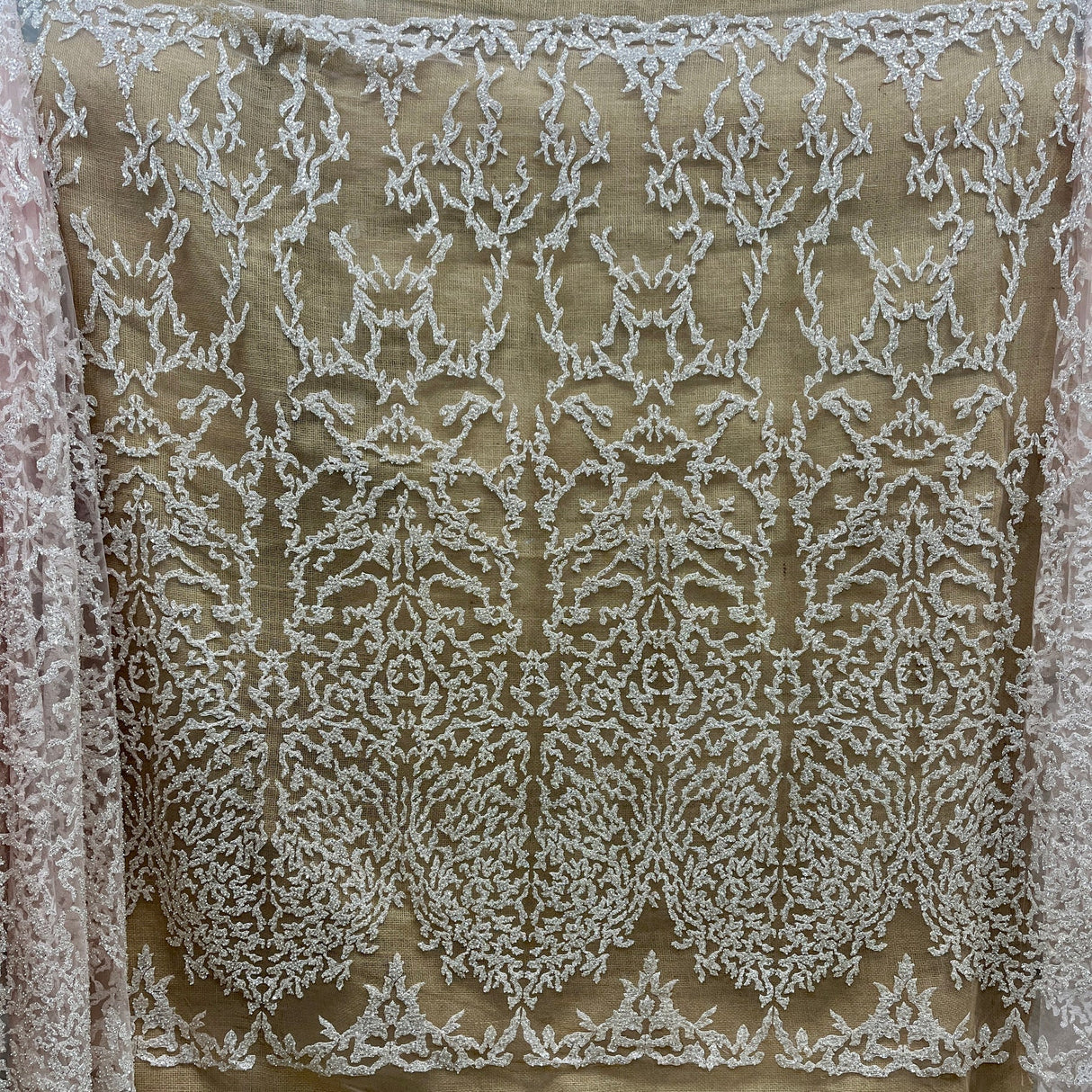 1 Yard Rose Gold Beaded Lace Fabric, Embroidered Polyester Mesh, 52" Wide,
