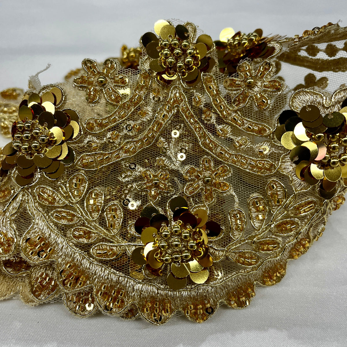 1 Yard Elegant Beaded & Corded Floral Lace Trim on Soft 100% Polyester Mesh