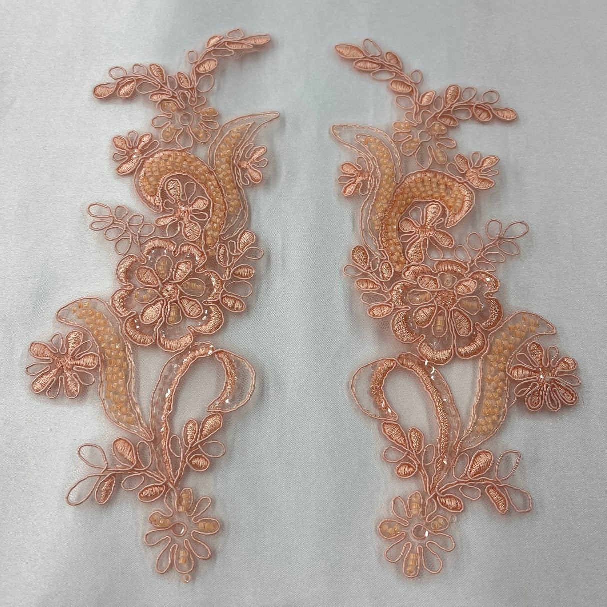 1 Pair Beaded & Corded Floral Lace Applique 9" x 2.5" Each Side