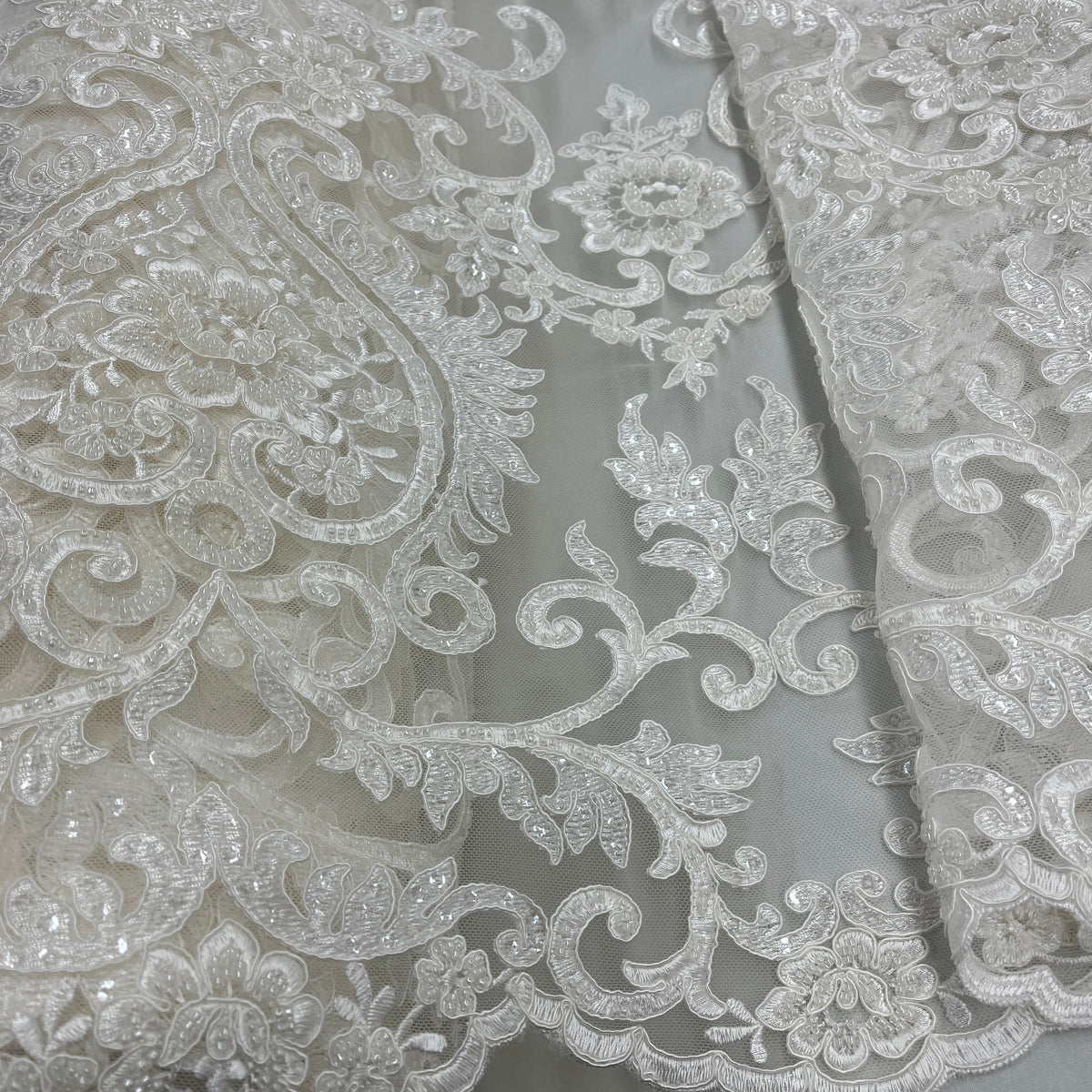 1 Yard Elegant Beaded & Corded Bridal Lace Fabric on Soft Polyester Mesh, GD-55719