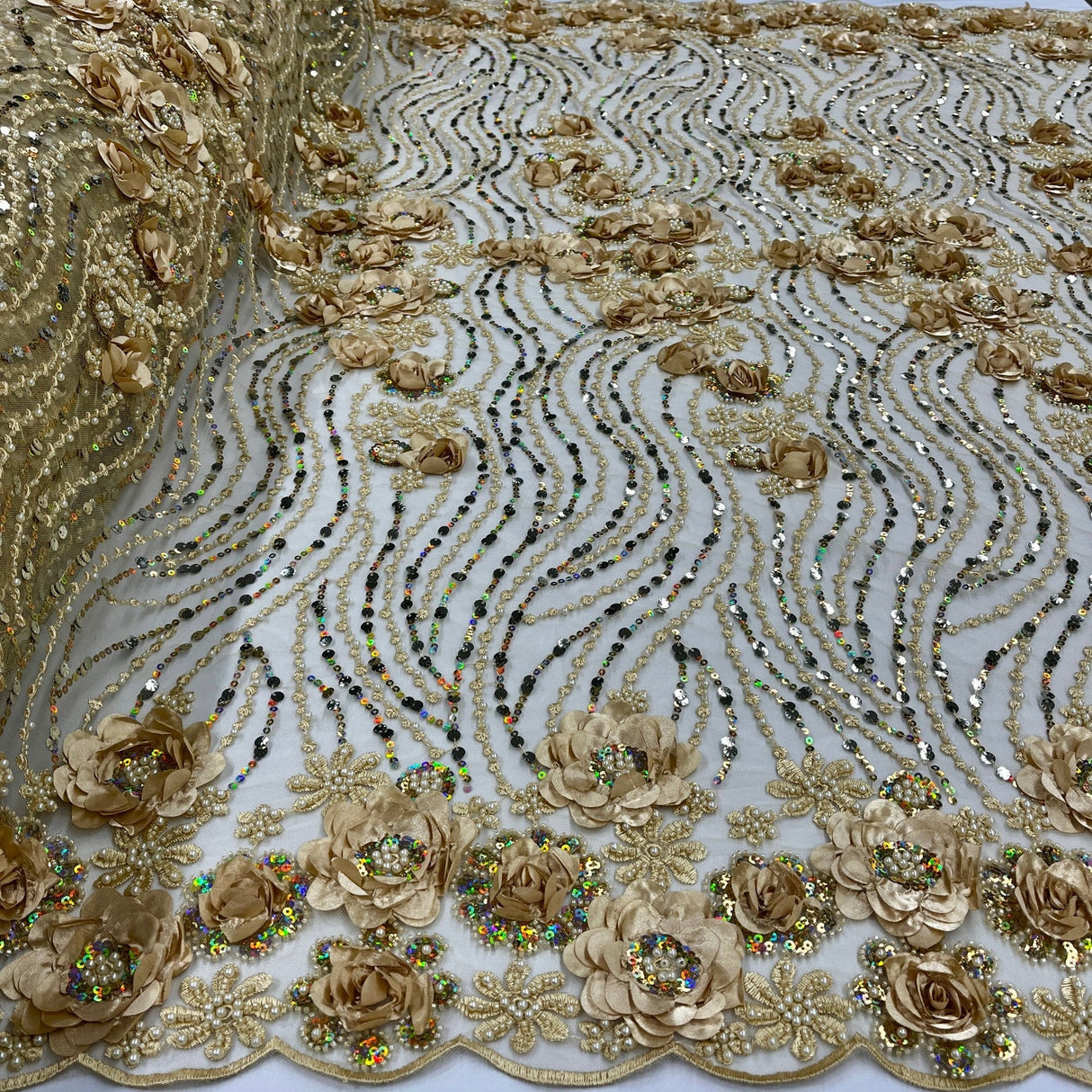 1 Yard Yellow 3D Floral Beaded & Sequined Lace Fabric, Embroidered Sparkling Mesh, 52" Wide, Polyester