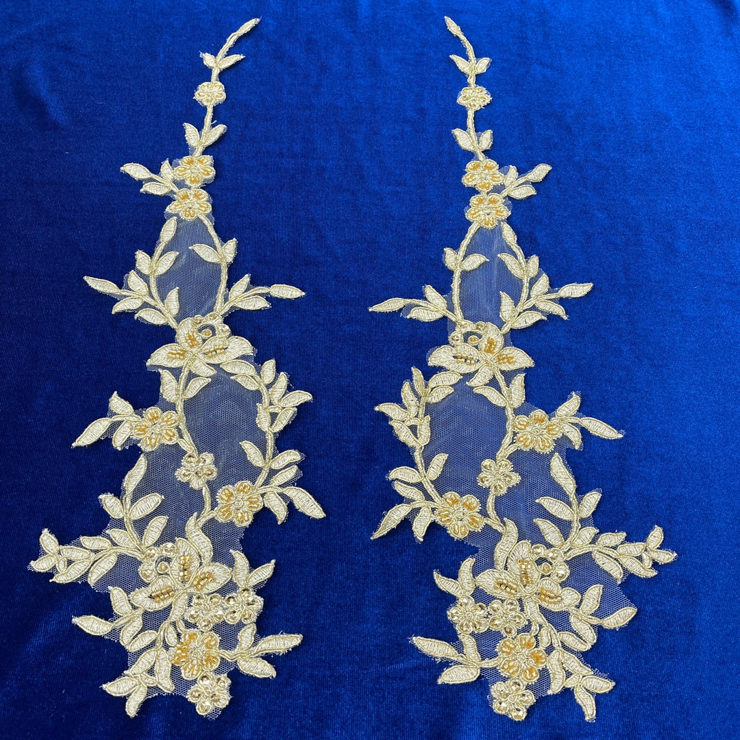 1 Pair 17" x 4.5" Beaded & Corded Floral Lace Applique 100% Polyester Net Mesh