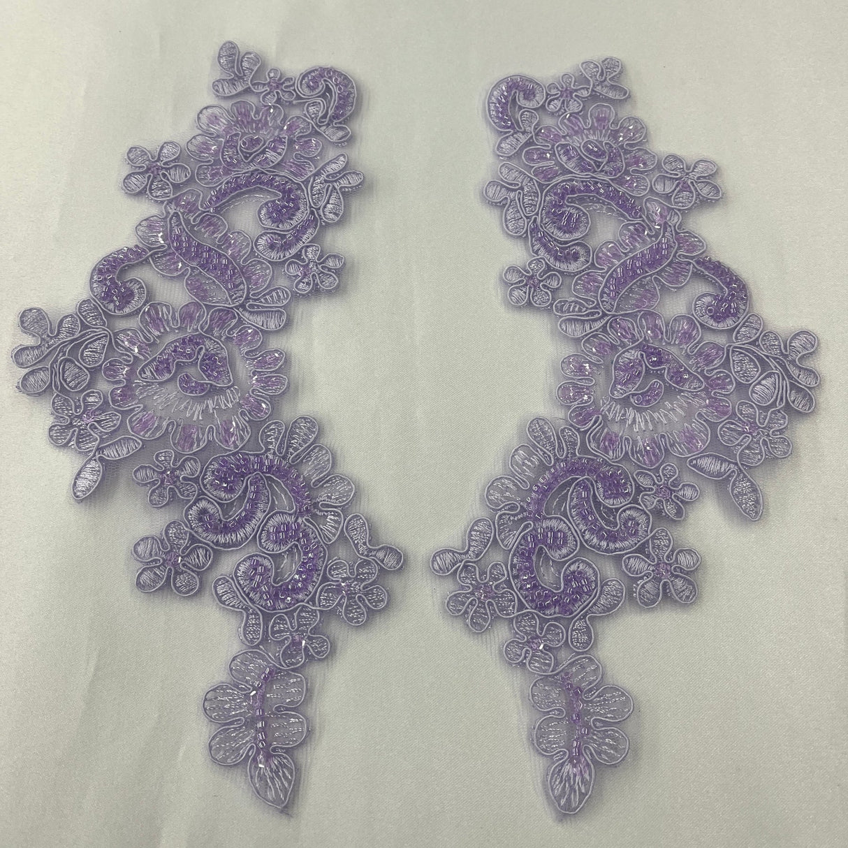 1 Pair 9" x 3" Each Side Beaded & Corded Floral Lace Applique Organza