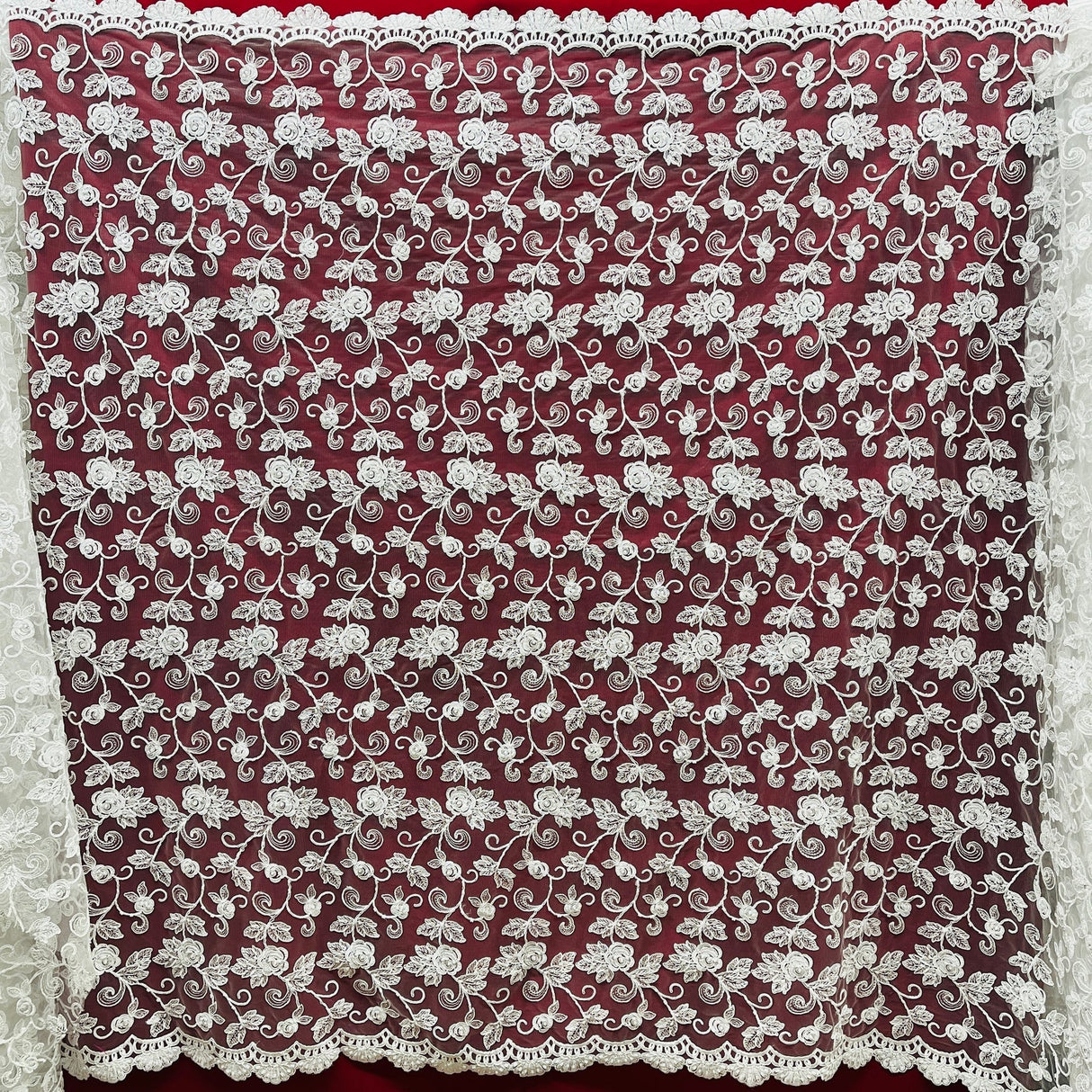 1 Yard Exquisite Ivory Silver Beaded Corded Bridal Lace Fabric on Net Mesh 52 inch Width