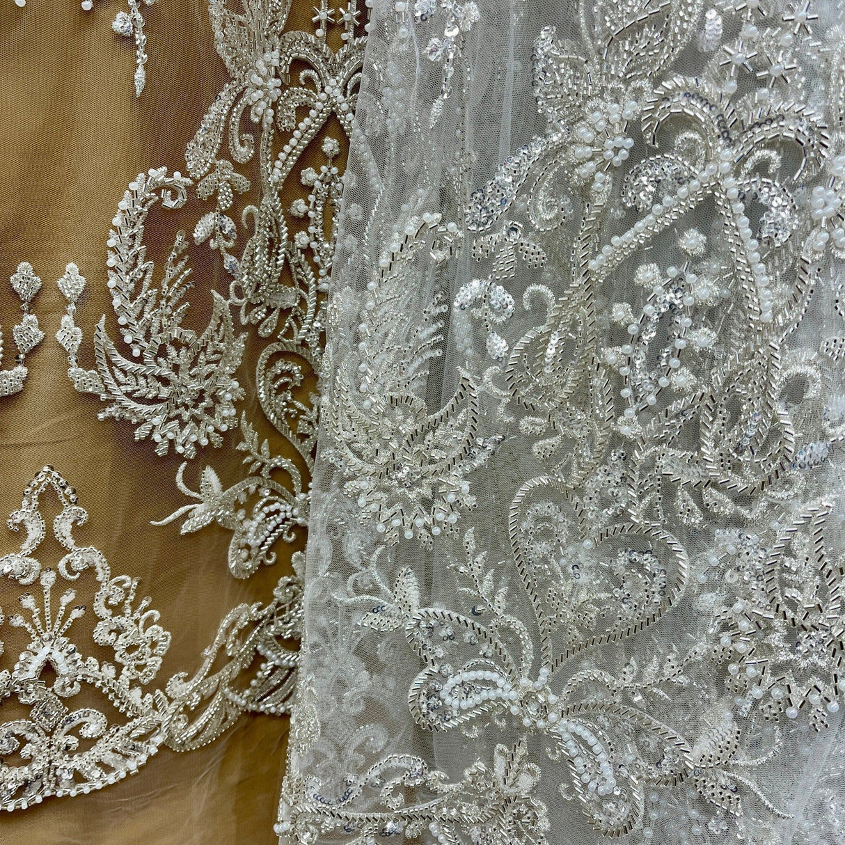 1 Yard Elegant Beaded Lace Fabric Embroidered on Polyester Net Mesh 50” Wide