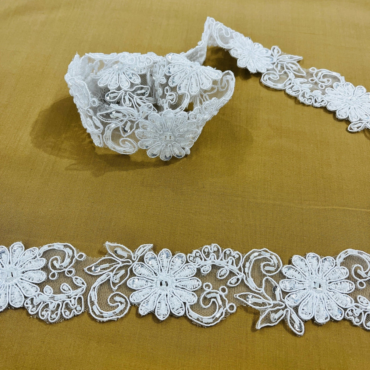 1 Yard Luxury Beaded Corded Lace Trimming on Net Mesh for Dresses 2 Inch Width