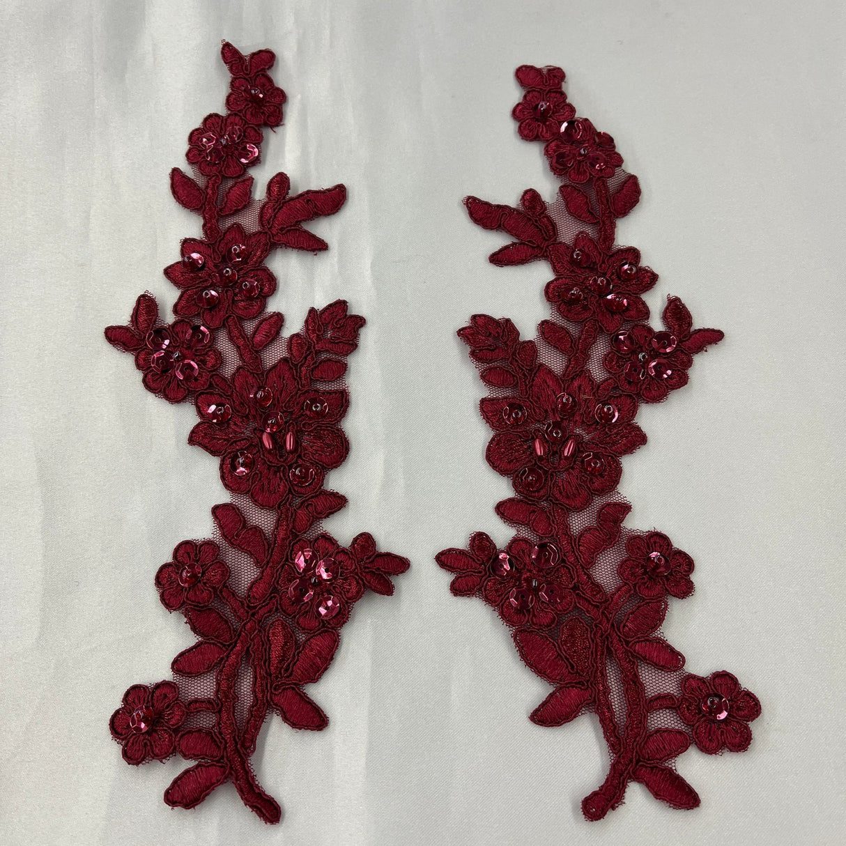 1 Pair Beaded & Corded Floral Lace Applique 10" x 2" Each Side