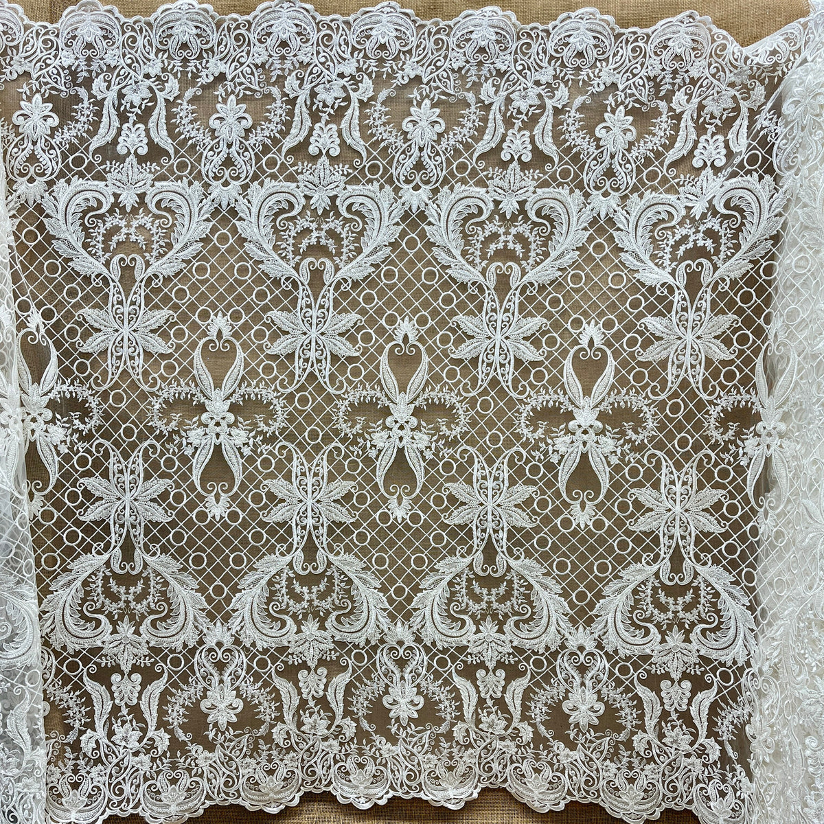 1 Yard 53" Wide Beaded & Corded Bridal Lace Fabric Embroidered on 100% Polyester Net Mesh