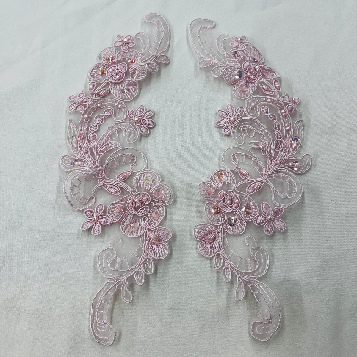 1 Yard Beaded and Corded Floral Lace Applique 10" x 3" Each Side Embroidered on 100% Polyester Organza