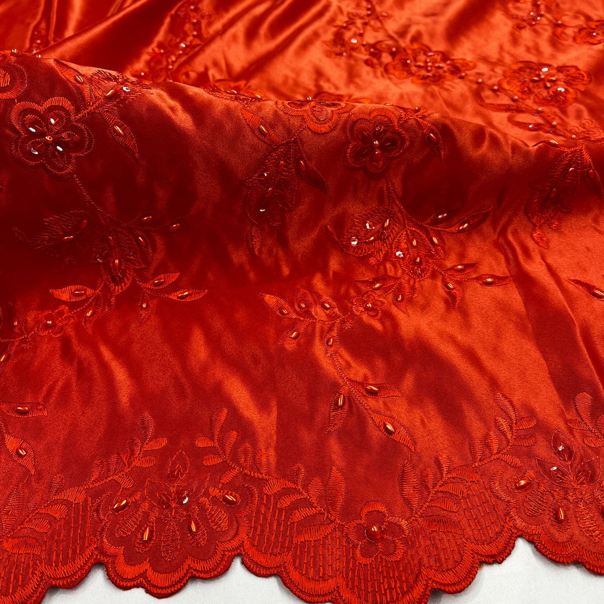 1 Yard Beaded Bridal Lace Fabric on 100% Polyester Satin, Elegant Embroidered Wedding Material