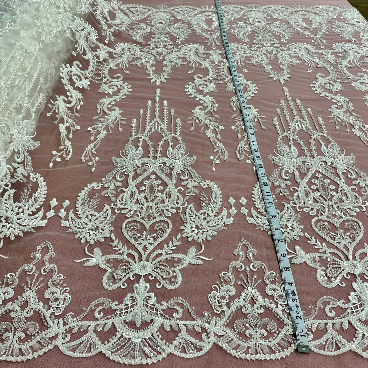 1 Yard Elegant Beaded Lace Fabric Embroidered on Polyester Net Mesh 50” Wide