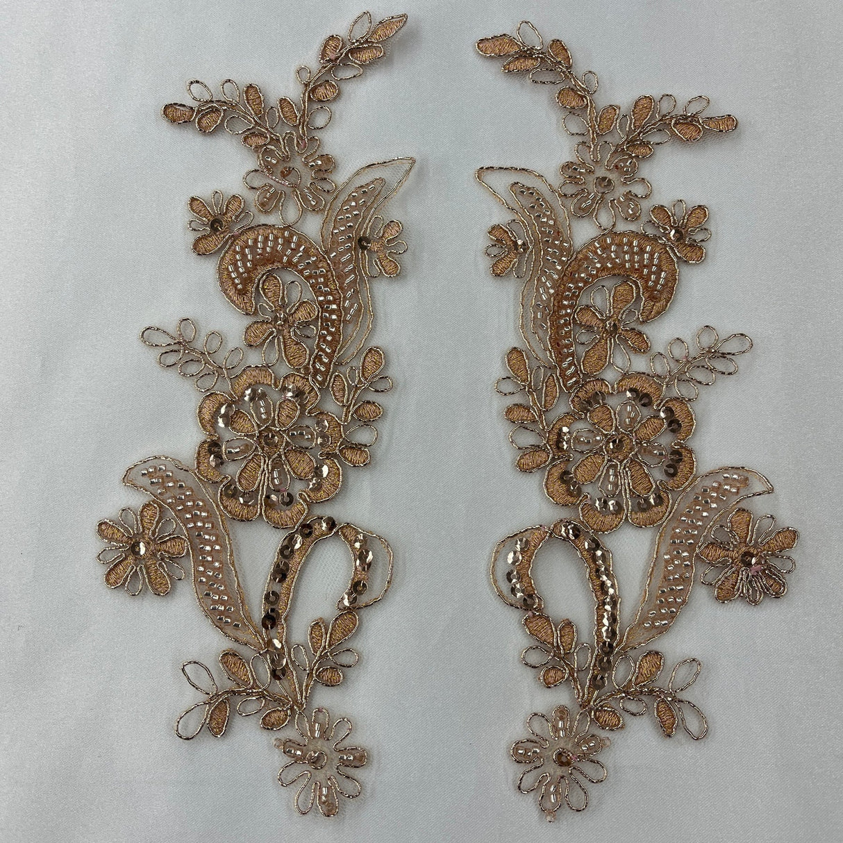 1 Pair Beaded & Corded Floral Lace Applique 9" x 2.5" Each Side