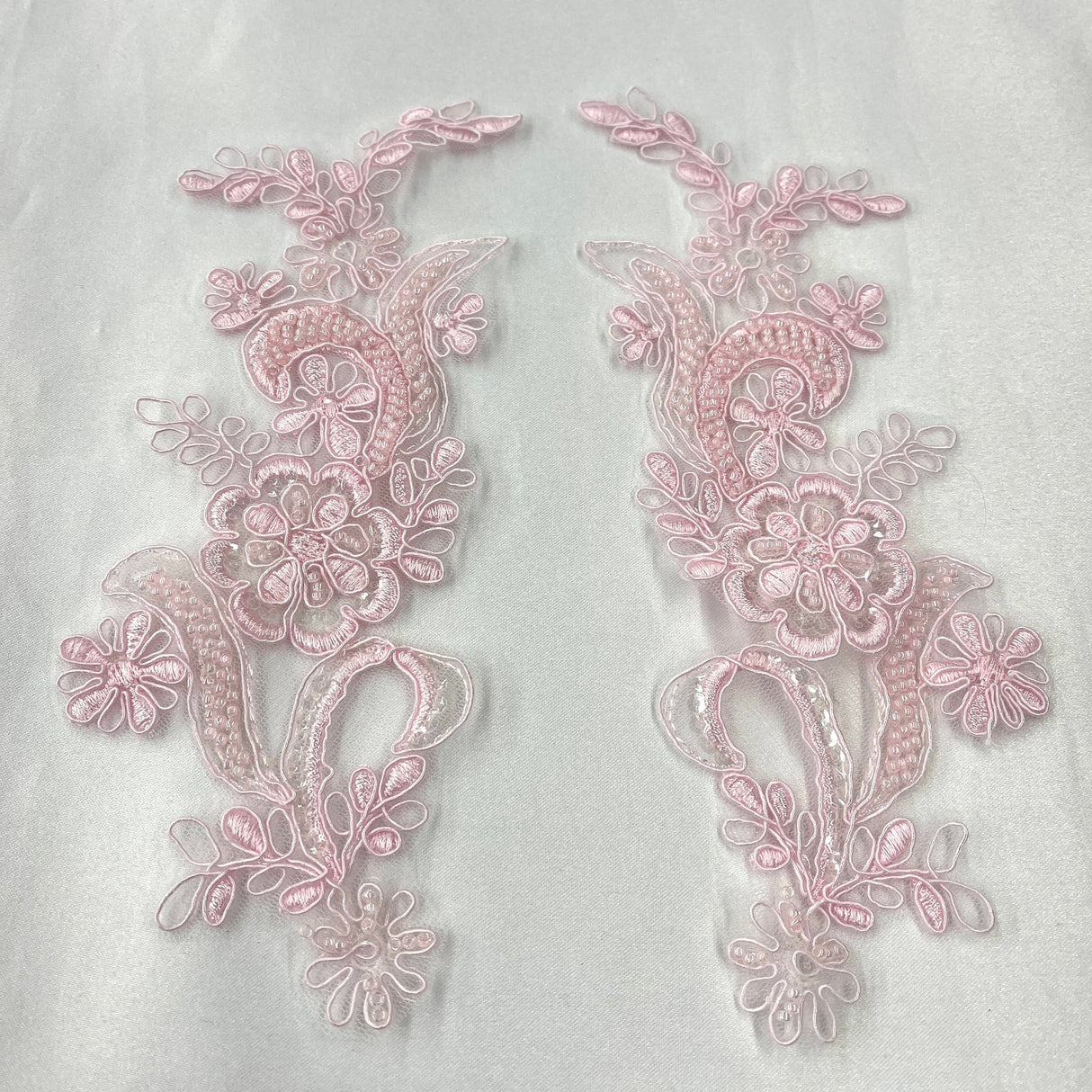 1 Pair Beaded & Corded Floral Lace Applique 9" x 2.5" Each Side