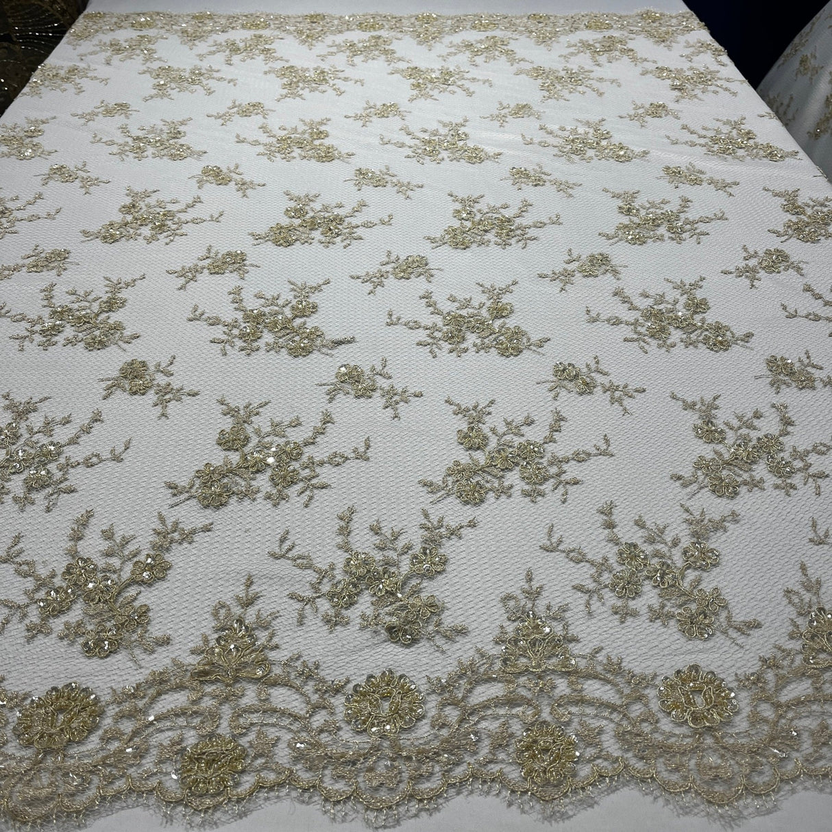 1 Yard Radiant Gold Beaded Lace Fabric Embroidered on Polyester Net Mesh 52 inch Width