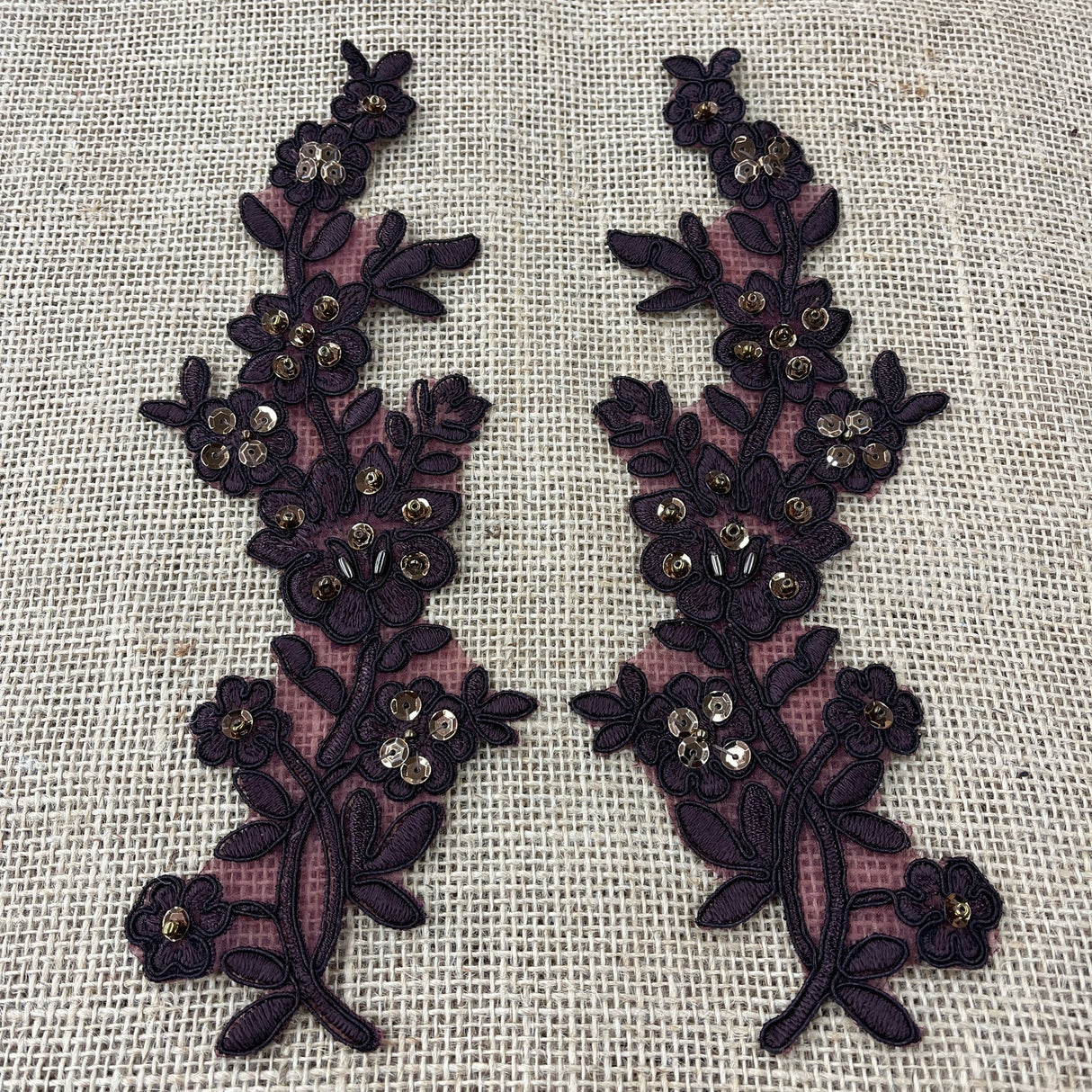 1 Pair Beaded & Corded Floral Lace Applique 10" x 2" Each Side