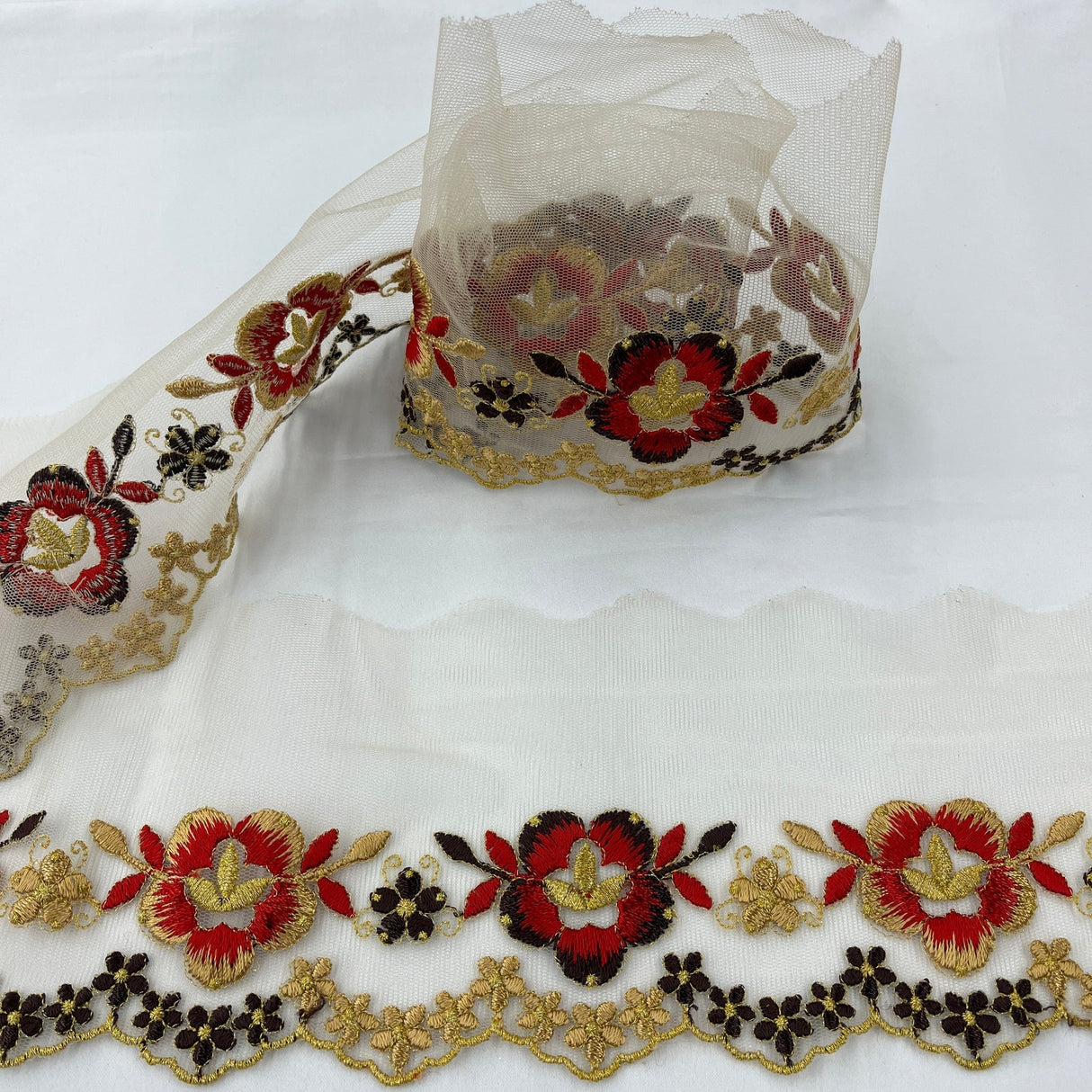 1 Yard Colorful Floral Lace Trimming on Net Mesh – 2.5" Wide | Handmade Embroidered Trim for Dresses & Costumes