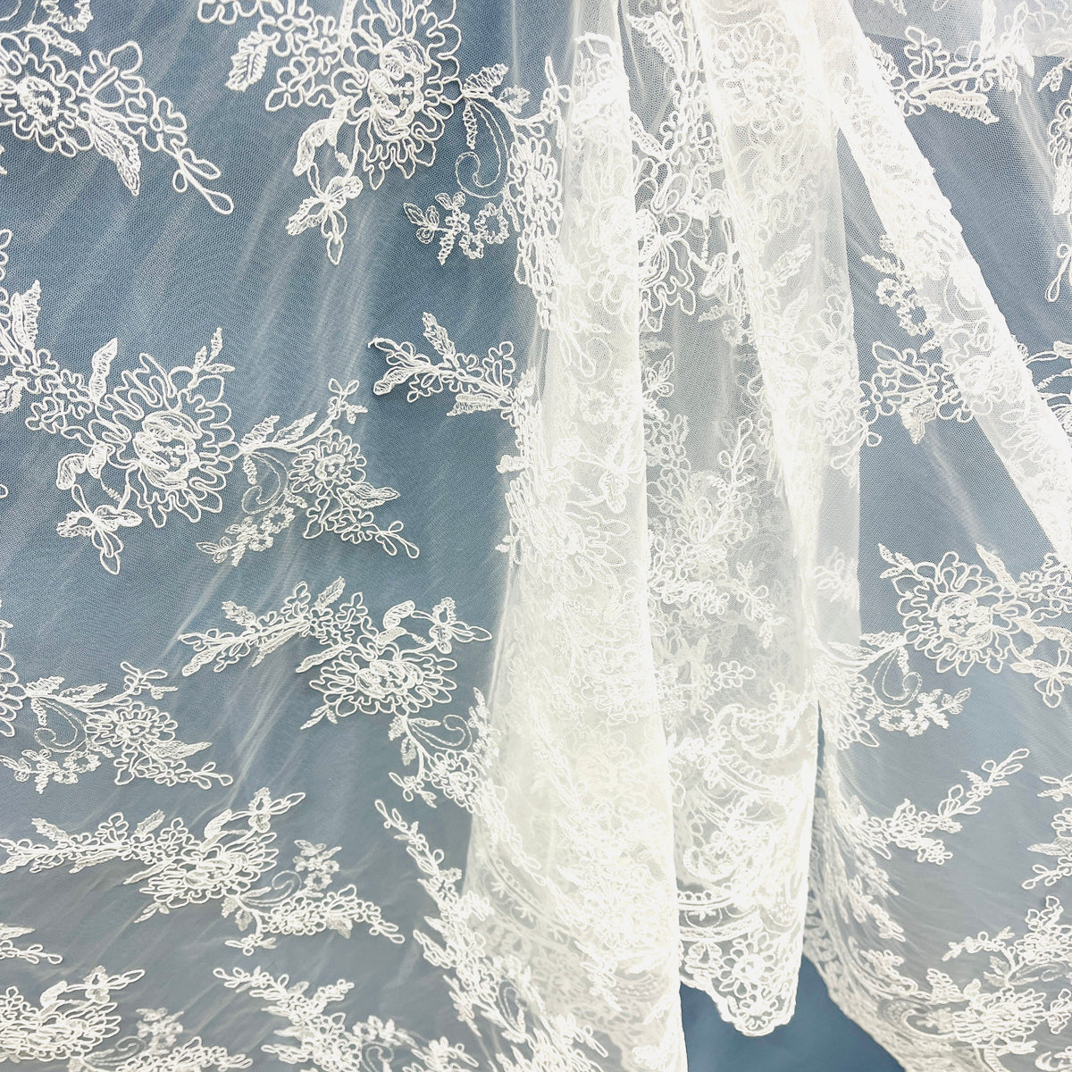 1 Yard Elegant Corded Bridal Lace Fabric on 100% Polyester Net Mesh, Embroidered Floral Design