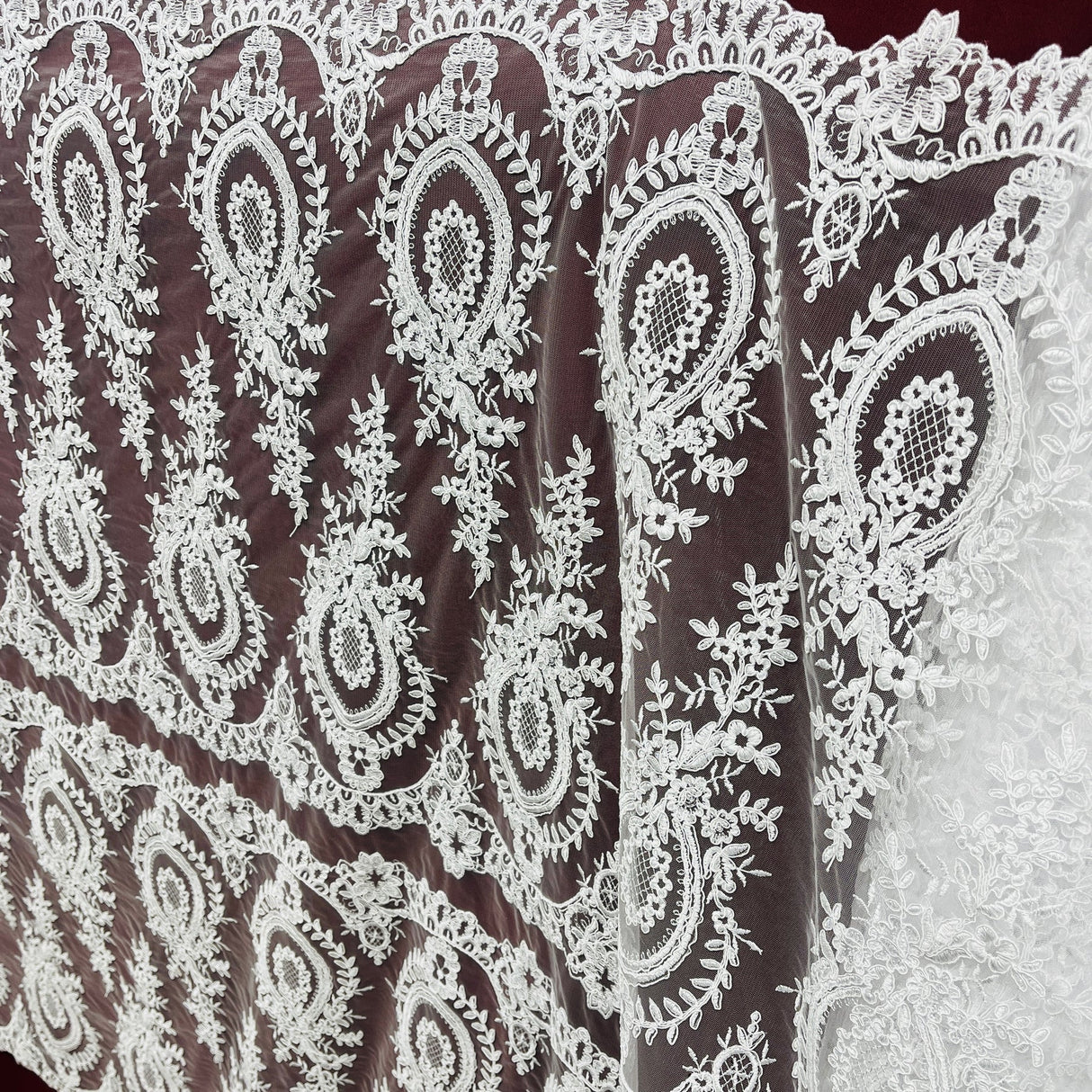 1 Yard Elegant White Corded Bridal Lace Fabric on 100% Polyester Net Mesh 48 inch Width