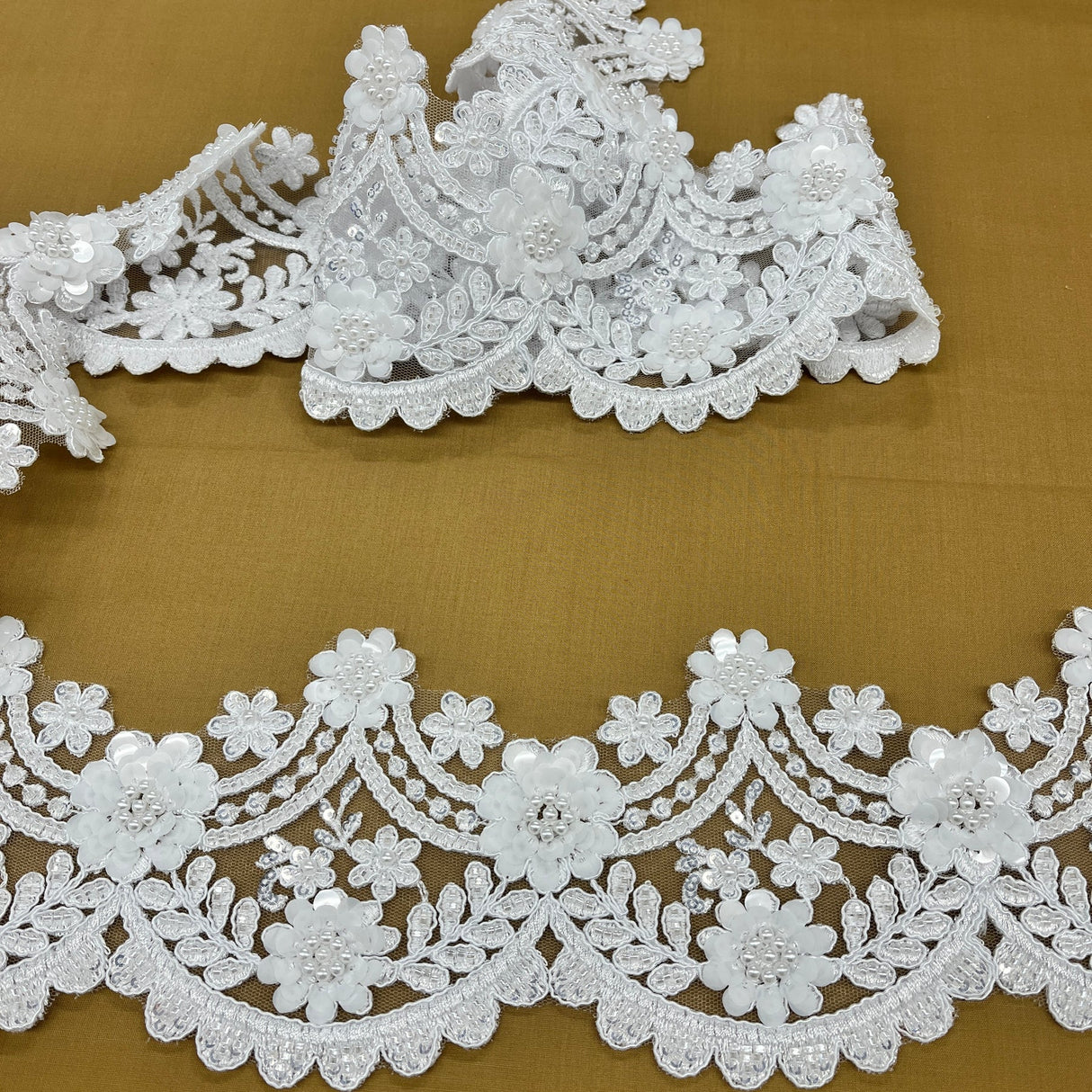 1 Yard Beaded & Corded Floral Lace Trimming 4.5" Wide Embroidered on 100% Polyester Net Mesh