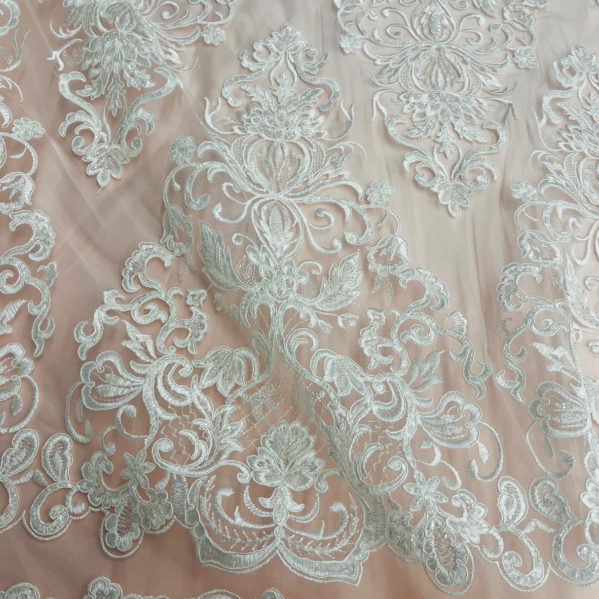 1 Yard Ivory Beaded & Corded Lace Fabric on 100% Polyester Mesh, 51" Wide Embroidered Net Lace for Apparel & Decor